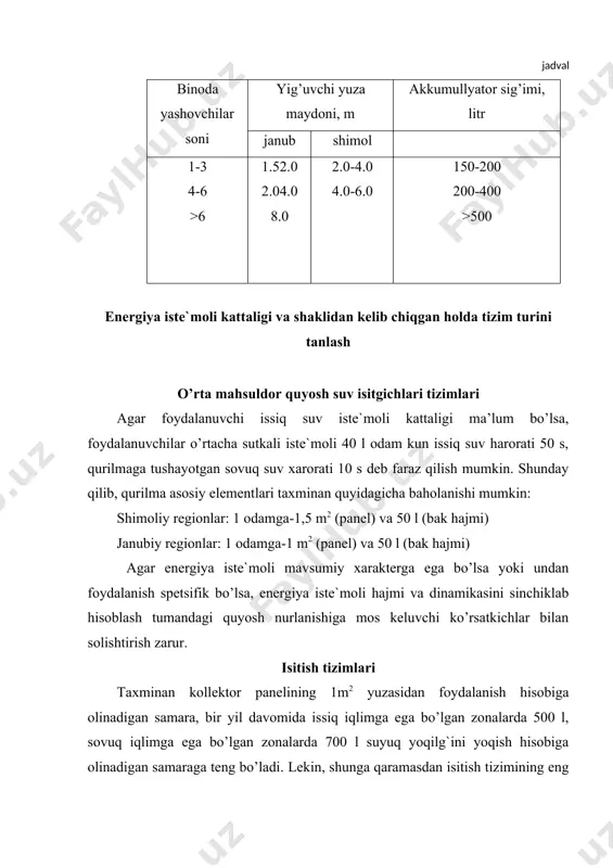 da bug’lanish natijasida suv yuzasidan yo’qolayotgan energiyani qaytarish imkonyatlari va hokazalar o’rganilishi lozim. kapital qo’yilmalar boshlang’ich hajmini baholash shu dalilni ta`kidlash kerakki, tizim tannarxi region bozoridagi vaziyatga qarab sezilarli o’zgaradi. harorat kattaligini baholash uchun quyidagi ma’lumotlardan foydalanish mumkin: -kichik tuzimlar (yig’uvchi yuza maydoni 50 m2 dan kam): -240 dan 640 aqsh dollorigacha (1m2 bahosi), bundan; -40% -kollektor qiymati; -40%-bak-akkumulyator qiymati; -20%-tizimning qolgan qismi; -o’rtacha katta tizimlar (50 m2 dan katta); -1 m2 qiymati 200 dan 400 aqsh dollorigacha, bundan: -50%- kollektor qiymati; -30%- bak-akkumulyator qiymati; -20%-tizimning qolgan qismi; ikkinchi holda yig’uvchi yuza maydoni birligiga bo’ladigan harajatlar va umumiy maydon o’rtasida teskari bog’liklik mavjud. shuning uchun tizimning maqbul o’lchamlarini va o’z navbatida yig’uvchi yuza maydonini aniqlash zarur. moliyaviy tahlil qo’shimcha energiya manbasini o’z ichiga olgan gelioenergetik tizimdan foydalanish samarasi yil davomida iqtisod qilingan an`anaviy energiya hosil qiluvchilarning qiymati quyidagi ifodaga asosan hisoblanadi: bu erda s-yil davomida iqtisod qilingan an`anaviy energiya tashuvchi …