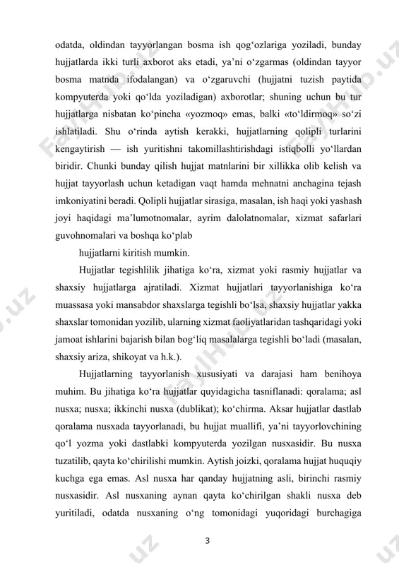 chirilgan shakli nusxa deb yuritiladi, odatda nusxaning o‘ng tomonidagi yuqoridagi burchagiga «nusxa» degan belgi qo‘yiladi. hujjatchilikda, shuningdek, aynan (faksimil) va erkin nusxalar ham farqlanadi. aynan nusxa asl nusxaning barcha xususiyatlarini — hujjat zaruriy qismlarining joylashishi, mavjud shakliy belgilar (gerb, yumaloq muhr, to‘rtburchak muhr, nishon kabi), matndagi bosma, yozma harf shakllari va shu kabilarni aniq va to‘liq aks ettiradi, masalan, fotonusxani shu tur hujjatlar qatoriga kiritish mumkin. erkin nusxada esa hujjatdagi axborot to‘laligicha ifodalansa-da, bu nusxa tashqi xususiyatlar jihatidan bevosita muvofiq kelmaydi, ya’ni erkin nusxada asl nusxadagi muhr o‘rniga «muhr» deb, imzo o‘rniga «imzo» deb, gerb o‘rniga «gerb» deb yozib qo‘yiladi va h. k. ba’zan muayyan hujjatga to‘laliligicha emas, balki uning bir qismiga ehtiyoj tug‘ iladi. bunday hollarda hujjatdan nusxa emas, balki ko‘chirma olinadi (masalan, majlis bayonidan ko‘chirma, buyruqdan ko‘chirma va h. k.). nusxa va ko‘chirmalar, albatta, notarius, kadrlar bo‘limi va shu kabilar tomonidan tegishli tartibda tasdiqlangan taqdirdagina huquqiy kuchga ega …