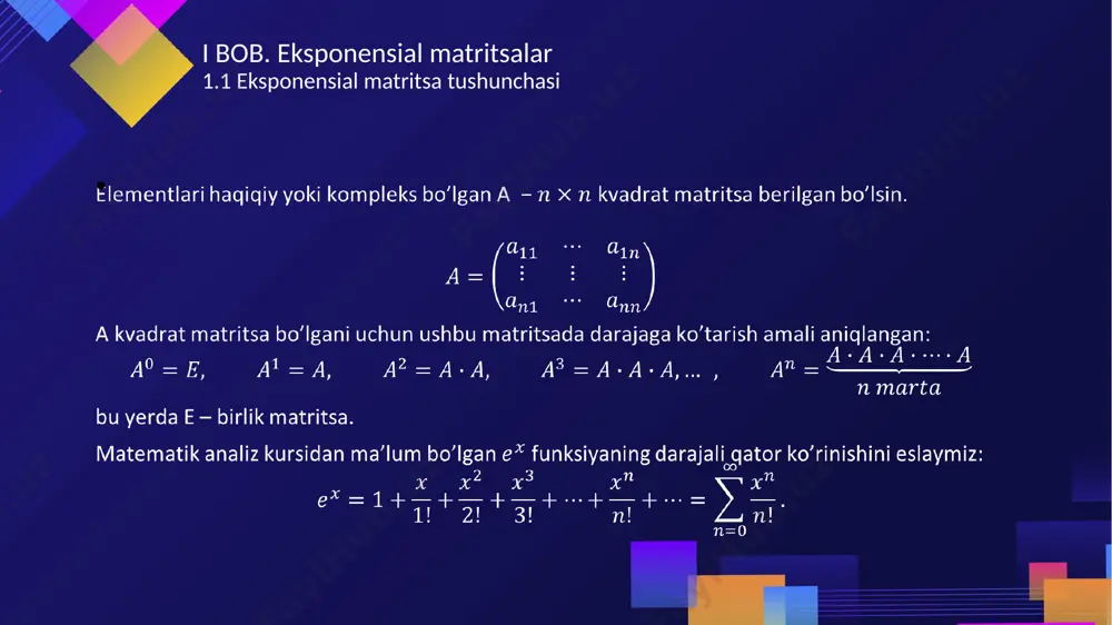 qiymatlarni formulamizga qo’yamiz. 1.3.12-misol. uchun ni toping. yechish. 1.3.13-misol. uchun ni toping. yechish. 1.3.14-misol. uchun ni toping. yechish. 2.1.1-ta’rif. differensial tenglama deb, erkli o’zgaruvchi , noma’lum funksiya va uning hosilalari qatnashgan tenglamaga aytiladi va quyidagicha ifodalanadi: misol uchun kabi tenglamalar differensial tenglamalar deb yuritiladi. 2.1.2-ta’rif. differensial tenglama yechimi deb differensial tenglamaga qo’yganda uni ayniyatga aylantiradigan har qanday funksiyaga aytiladi. 2.1.3-ta’rif. differensial tenglama tartibi deb, tenglamada qatnashgan hosilaning eng yuqori tartibiga aytiladi. tenglama birinchi tartibli, tenglama ikkinchi tartibli, tenglama n-tartibli tenglama hisoblanadi. ii bob. o‘zgarmas koeﬃtsiyentli chiziqli diﬀerensial tenglamalar sistemasi 2.1 o‘zgarmas koeﬃtsiyentli chiziqli diﬀerensial tenglamalar sistemasi 2.1.6-ta’rif. noma’lum funksiya va uning hosilasiga nisbatan chiziqli bo’lgan tenglama chiziqli differensial tenglama deyiladi va ko'rinishida bo’ladi, bu yerda va – berilgan ga bog’liq funksiyalar. tenglama chiziqli differensial tenglama bo’la oladi. agar bo’lsa, berilgan tenglama bir jinsli, bo’lsa, bir jinsli bo’lmagan differensial tenglama deyiladi. – bir jinsli, – bir jinsli bo’lmagan chiziqli differensial tenglamalar …