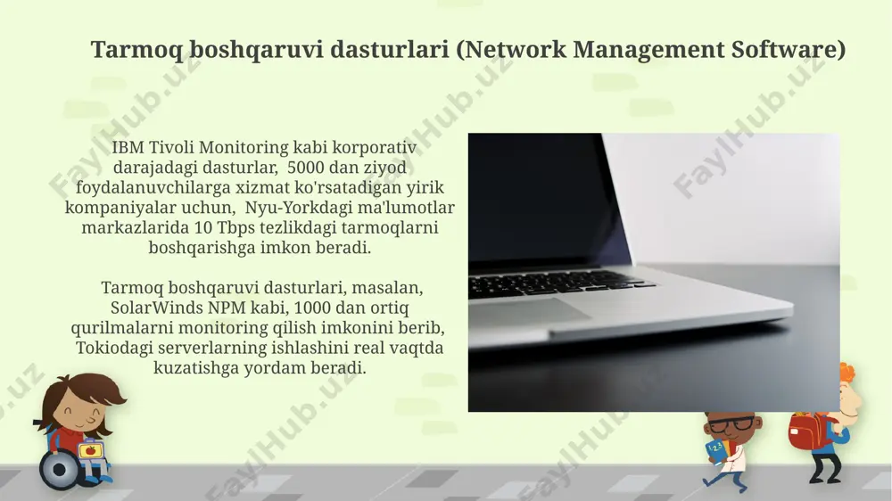 yuqori samaradorlikni ta'minlaydi. yo'riqlovchilar (routers) yuqori tezlikdagi gigabit ethernet portlari (1 gbps va undan yuqori) bilan jihozlangan zamonaviy yoʻriqlovchilar, 100 dan ortiq qurilmani bir vaqtning oʻzida ulash imkoniyatini beradi, bu esa katta ofis tarmoqlari uchun juda muhimdir. yoʻriqlovchilarning ishlashi, qos (quality of service) texnologiyalari yordamida, masalan, video konferentsiya uchun 10 mbps, veb-brauzer uchun esa 1 mbps kabi, trafikni boshqarish orqali optimallashtiriladi. tarmoq topologiyalari (network topologies) 1970-yillarda amerikada ishlab chiqilgan halqa topologiya, ma'lumotlarni ketma-ket uzatishni ta'minlaydi, bu esa 50 dan ortiq qurilmalar uchun samarali emas, lekin kichik tarmoqlarda ishonchliligi bilan ajralib turadi. tarmoq topologiyalarining tanlovi, masalan, yulduzsimon topologiya (20 ta kompyutergacha samarali), halqa topologiya (ma'lumot uzatish tezligi yuqori, lekin bitta nuqtadagi nosozlik butun tizimga ta'sir qiladi) yoki avtobus topologiya (sodda, arzon, 10 dan ortiq qurilmalar uchun mos emas) kabi omillarga bog'liq. kommutatorlar (switches) cisco yoki huawei kabi kompaniyalar tomonidan ishlab chiqarilgan yuqori darajali kommutatorlar, 2000 dan ortiq portlarga ega bo'lishi mumkin …