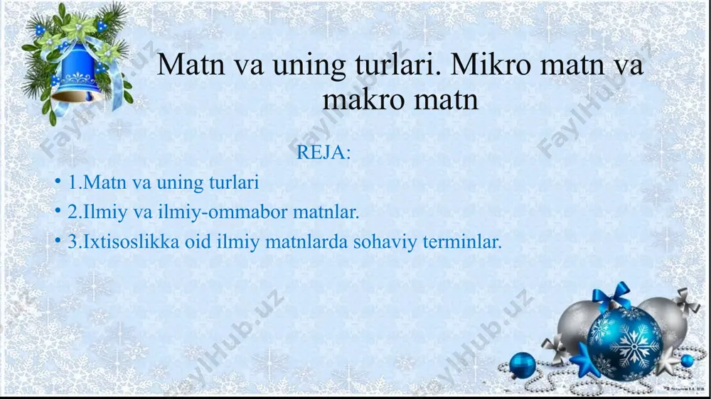 ish xati hamda vaqtli matbuotda chiqadigan e’lon va kichik xabarlar kichik hajmdagi matnlar sanaladi. o’rta hajmdagi matnlarga hikoya, qissa, she’r, doston, poemalar kiradi. katta hajmdagi matnlarga povest, roman, drammatik asarlar, trilogiyalar kiradi.» lekin bu tarzdagi bo’linish ayrim chalkashliklarni yuzaga chiqaradi. shunday dostonlar borki, hajm jihatidan romandan katta. nafaqat hajm jihatidan balki, ichki mazmun, xarakterlar tasviri, ruhiyat talqini jihatidan ham uncha-muncha romandan qolishmaydigan dostonlar bor. masalan, «alpomish», «go’ro’g’li» kabi go’zal dostonlarimiz shakl va mazmun jihatidan yirik hajmli asar hisoblanadi. tasviriy matn bu ma'lum bir ob'ektni, xoh shaxs, hayvon, landshaft, joy, vaziyat yoki narsadan qat'i nazar, batafsil tavsiflashga mo'ljallangan matnlar to'plamiga ishora qiladi. izohli matn ular ma'lumotni, g'oyalarni va tushunchalarni o'quvchiga aniq yoki umumiy yoki ixtisoslashgan nuqtai nazardan taqdim etishga intiladigan matnlardir. misol tariqasida biz ensiklopediyadagi turli xil yozuvlarni nomlashimiz mumkin. izohli matnning kamida ikkita turi mavjud: axborot va ixtisoslashgan. argumentativ matn argumentativ matnlar deganda fikrlar, nazariyalar va tushunchalarni ayrim predmetlarning yondashuvi …