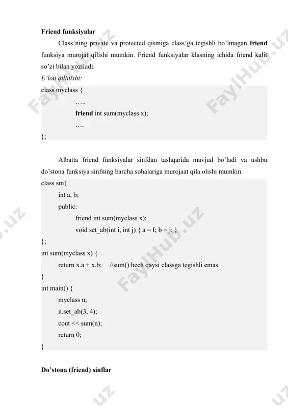 o’zgaruvchilar kabi e’lon qilsa bo’ladi. static metodlar static a’zolarga murojat qiladi. e’lon qilish: class someclass { public: static int ob; static int get_ob() { return ob; } }; statik metodlardan foydalanish class proper { public: static int ob_counter; static int get_ob() { return ob_counter; } }; int proper::ob_counter; int main() { cout<<proper::ob_counter++<<endl; cout<<proper::get_ob()<<endl; return 0; } :: operatoridan foydalanish biz bilamizki :: operatori class a’zolariga murojat qilish uchun ishlatiladi. quyidagi holat berilgan: int i; void f() { int i; i = 10; } int main() { f(); cout<<i; return 0; } :: operatori orqali global o’zgaruvchiga murojat qilish quyidagicha amalga oshiriladi. int i; void f() { int i; ::i = 10; } int main() { f(); cout<<i; return 0; } obyektlarni funksiyaga yuborish obyektlarni funksiyaga yuborish oddiy o’zgaruvchilarni yuborgan kabi amalga oshiriladi. class xy { … }; void f(xy a) { … } misol asosida ko’rib o’tamiz class sum { …