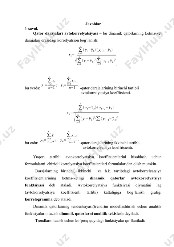 , bog’liq o’zgaruvchi sifatida dinamik qatorning haqiqiy darajalari qatnashadi. trendning eng yaxshi shakllarini saralash kriteriyasi bo’lib, tuzatilgan determinatsiya koeffitsienti hisoblanadi. dinamik qatorlar bo’yicha regressiya modelini tuzishda tendensiyani yo’qotish uchun quyidagi usullar qo’llaniladi. trenddan chetlanish usulihar bir dinamik qator modeli uchun trend qiymatlarini hisoblashni ko’zda tutadi, masala.n va larni hamda va trenddan chetlashishlarni hisoblash. keyingi tahlil uchun berilgan darajalar emas, balki trenddan chetlashishlar qo’llaniladi. ketma-ket ayirmalar usulishundan iboratki, agar dinamik qator chiziqli tendentsiyaga ega bo’lsa, u holda berilgan ma’lumotlar birinchi tartibli ayirma bilan almashtiriladi: agar parabolik trend bo’lsa, ikkinchi tartibli ayirma bilan almashtiriladi: eksponentsial va darajali trend bo’lgan hollarda ketma-ket ayirmalar usuli berilgan ma’lumotlarning logarifmlariga qo’llaniladi. vaqt omili kiritilgan model quyidagi ko’rinishga ega: . vaqt omili kiritilgan modelning avab parametrlari ekku bilan aniqlaniladi. qoldiqda avtokorrelyatsiya–buqoldiqning joriy va avvalgi vaqtdagi qiymatlari orasidagi korrelyatsion bog’lanish. qoldiqda avtokorrelyatsiyani hisoblash uchun darbin-uotson kriteriysi qo’llaniladi va quyidagicha hisoblanadi: birinchi tartibli qoldiq avtokorrelyatsiya koeffitsienti quyidagi formula bilan …