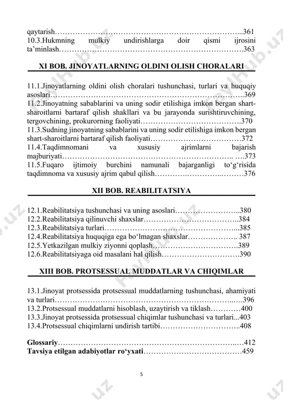 bilitatsiya qilinuvchi shaxslar………………………………..384 12.3.reabilitatsiya turlari……………………………………………...385 12.4.reabilitatsiya huquqiga ega bo‘lmagan shaxslar……………….. 387 12.5.yetkazilgan mulkiy ziyonni qoplash…………………………….389 12.6.reabilitatsiyaga oid masalani hal qilish………………………….390 xiii bob. protsessual muddatlar va chiqimlar 13.1.jinoyat protsessida protsessual muddatlarning tushunchasi, ahamiyati va turlari……………………………………………………………..….396 13.2.protsessual muddatlarni hisoblash, uzaytirish va tiklash…………400 13.3.jinoyat protsessida protsessual chiqimlar tushunchasi va turlari...403 13.4.protsessual chiqimlarni undirish tartibi…………………………..408 glossariy……………………………………………………………..…412 tavsiya etilgan adabiyotlar ro‘yxati…………………………………459 kirish mustaqillik yillari davomida sud-huquq tizimini tubdan isloh qilish, fuqarolik jamiyatini shakllantirish, demokratlashtirishning tarkibiy qismi sifatida sud hokimiyatining xolis, mustaqil tarmoq sifatida mustahkamlash, qonun ustuvorligini, inson huquq va erkinliklari ishonchli himoyalanishini ta’minlash bo‘yicha izchil ishlar amalga oshirildi. jumladan, 2010-yil 12-noyabrda oliy majlis senati va qonunchilik palatasining qo‘shma majlisida o'zbekiston respublikasi birinchi prezidenti o‘zining mohiyatan tarixiy bo‘lmish “mamlakatimizda demokratik islohotlarni yanada chuqurlashtirish va fuqarolik jamiyatini rivojlantirish konsepsiyasi”da alohida ta’kidlaganlaridek “...sud hokimiyatini bosqichma-bosqich mustahkamlab borish, sudning mustaqilligini ta’minlash, uni sobiq tuzumda bo‘lgani kabi qatag‘on quroli va jazolash idorasi sifatidagi organ emas, balki inson va fuqaro huquq …