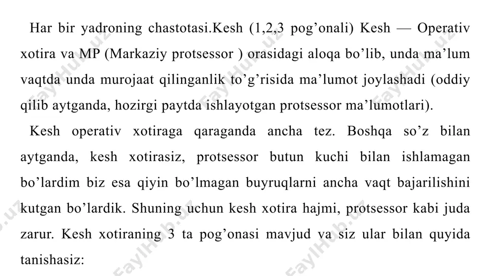 nchaning o‘ng tugmachasi bilan chertamiz. ochilgan menyuda «vazifalar dispetcheri», ya’ni «dispetcher zadach» bandini tanlaymiz. anlaymiz. ochilgan dispetcher oynasidagi ikkinchi – «proizvoditelnost» varaqasiga o‘tamiz, unda kompyuterning ishlash samaradorligi xususiyatlarini aks ettiradi. eng yuqori qismida esa qurilmangizning markaziy protsessori haqidagi ma’lumotlar ham ko‘rsatiladi. markaziy protsessori haqidagi ma’lumotlar ikkinchi usul: qurilmalar dispetcheri orqali ishni boshlash uchun qo‘llanadigan «pusk» tugmachasini bosamiz va klaviaturada «dispetcher ustroystv» yozuvini teramiz. ochilgan menyudagi «protsessori» bandini tanlaymiz. shunda kompyuteringizning «yuragi» haqidagi ma’lumotlar bir nechta qatorda ko‘rinadi. bu esa protsessoringizning yadrolari soniga bog‘liq: ikki yadroli chipda ikki qator, to‘rt yadrolisida esa to‘rt qatorda, har bir yadroning takt chastotasi bilan birga aks etadi. kompyuterning qismlari qanday xususiyatlarga ega ekanini batafsil ko‘rsatib beruvchi maxsus dasturlar mavjud. masalan, yaxshilaridan biri sifatida cpu-z utilitasini tavsiya etish mumkin. uni mana bu havola orqali ishlab chiquvchining saytiga o‘tib, ko‘chirib olib o‘rnatsangiz bo‘ladi. cpu-z dasturini ishga tushirsangiz, barcha ma’lumotlarni ko‘rsatadi. uchinchi usul: maxsus dastur bilan protsessorning nomi, …