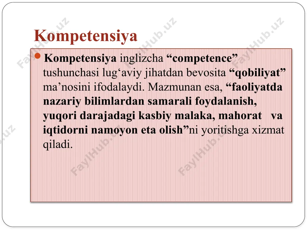 hakllantirishga olib kledagan jarayondir o’qituvchi kasbiy kompetentlik yo’nalishlari 1. pedagogik-psixologik tayyorgarlik bo'yicha: ta'lim-tarbiya jarayonida qo'llaniladigan o'qitish shakllarining pedagogik-psixologik asoslari; psixo diagnostika usullaridan foydalanish; 2. ta'lim jarayonida tarbiyalashning didaktik omillari bo'yicha: ma'naviy-ma'rifiy ishlarni tashkil etishda ilmiy-nazariy, madaniy qadriyatlarlardan samarali foydalanish malakasiga ega bo'lish; 3. mustaqil va ijodiy ishlarni tashkil etish bo'yicha: talabalarda mustaqil va ijodiy fikrlash ko'nikmalarini tarkib toptirishning ijtimoiy-pedagogik zarurati va nazariy asoslarini bilish; ularni o'rganish asosida malaka va ko'nikmalarni shakllantirish. o’qituvchining kasbiy kompetensiyasi tuzulishini aniqlash o’qituvchining kasbiy kompetensiyasi samarali o’qitishga yordam beradigan bir qator ko’nikma va bilimlarni o’z ichiga oladi. bu qatorda pedagogik bilim, mavzu bo’yicha ekspertiza va ijobiy muhitni yaratish qobilyati kiradi. o’qituvchining kasbiy kompetensiyasinng tuzulmasini aniqlash ushbu komponentlarda o’quv dizani, sinifni boshqarish, talabalar faolligi, baholash kabi turli maxsus toifalarga ajratish mumkin. ushbu toifalarning har biri o’qituvchining umumiy malakasini shakllantirishda muhim rol o’ynaydi. o’qituvchi kompetensiyasini tuzulishini tushunish orqali o’qituvchi o’zining kuchli tomonlarini va o’sishi mumkin bo’lgan yoki kerak …