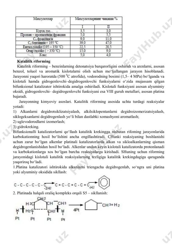 bir tomondan, alkanlar molekulyar massasining pasayishi oktan sonining oshishiga olib keladi, ikkinchi tomondan gidrokreking natijasida ancha ko‘p miqdorda gaz holidagi mahsulotlar hosil bo‘ladi, bu esa benzinning chiqishini kamaytiradi. shunday qilib, gidrokreking roli chegaralangan bo‘lishi kerak. katalitik krekingda bo‘lgani kabi yuqorida nomlari keltirilgan riforming reaksiyalarini amalga oshirish benzinning oktan sonini oshishiga olib keladi. haroratga bog‘liq bo‘lgan holda 0,7 mpa da va xomashyo etkazib berishning hajmiy tezligi 2 soat–1 bo‘lganda n– geksan riformingining natijalari quyida keltirilgan: sikloalkanlarning o‘zgarishi. riforming sharoitida sikloalkanlar ham izomerlanish, arenlargacha degidrogenlash va gidrokrekingga uchraydi. olti a’zoli sikloalkanlar besh a’zolilarga karbokationli mexanizm bilan izomerlanadi: katalitik krekingda bo‘lgani kabi izomerlanishning muvozanati o‘ngga to‘liq siljigan bo‘lsa ham, u reaksiya qaytardir, chunki olti a’zoli sikloalkanlar riforming sharoitida arenlargacha degidrogenlanadi, shu bilan birga muvozanat arenlar tomoniga juda ko‘p siljigan bo‘ladi: siklogeksanni metilsiklopentan va benzolga tanlab o‘zgarishi reaksiya tezliklarining nisbati bilan aniqlanadi va katalizator komponentlarining faolligiga bog‘liq bo‘ladi. u izomerlanish mexanizmi bo‘yicha sodir bo‘ladi, …
