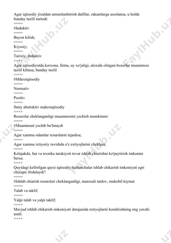 malar kiradi? ==== #ta'lim, fan, meditsina, sport ==== kurilish ==== qishloq ho'jaligi ==== sanoat va transport ++++ takror ishlab chiqarish fazalari nechta qismdan iborat va qaysilar? ==== #4 ta fazadan: ishlab chiqarish, ayirboshlash, taqsimlash va iste'mol ==== 4 ta fazadan: ishlab chiqarish, sotish, taqsimlash va iste'mol ==== 3 ta fazadan: ishlab chiqarish, ayirboshlash va iste'mol ==== 4 ta fazadan: yaratish, ayirboshlash, taqsimlash va iste'mol ++++ jan batist sey nazariyasiga ko'ra ishlab chiqarish omillari nechta guruhdan iborat? ==== #er, ishchi kuchi, kapital ==== er, tadbirkorlik qobiliyati, axborot omili ==== tabiat, mexnat predmetlari va kapital ==== yuqorida ko'rsatilgan barchasi ++++ ishlab chiqarish jarayoni – bu: ==== #kishilarni o'zlarining iste'moli uchun zarur bo'lgan moddiy va ma'naviy ne'matlarni yaratishga qaratilgan maqsadga muvofiq faoliyatidir ==== davlat uchun zarur bo'lgan moddiy va ma'naviy ne'matlarni yaratishga qaratilgan maqsadga muvofiq faoliyatidir ==== boylik manbaidir ==== yashash uchun kurashdir ++++ ishlab chiqarish turlari? ==== #moddiy va nomoddiy ==== yirik …