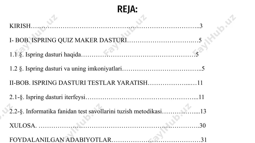 enariylar va vaqtli viktorinalar kabi xususiyatlar bilan o'qituvchilar individual o'quvchilarning ehtiyojlarini qondirish uchun baholashni moslashtirishi mumkin. bundan tashqari, ispring quiz maker kabi test yaratish dasturlari o‘qituvchilarga o‘quvchilarning muvaffaqiyati va ish faoliyatini kuzatishda yordam beradi. ushbu vositalar o'qituvchilarga takomillashtirish sohalarini aniqlash va ta'lim natijalarini yaxshilash uchun ma'lumotlarga asoslangan qarorlar qabul qilish imkonini beruvchi batafsil tahlil va hisobot xususiyatlarini taqdim etadi. ispring quiz makerning umumiy ko'rinishi ispring quiz maker kabi test yaratish dasturlari viktorinalar va baholashlarni yaratish uchun foydalanuvchilarga qulay interfeyslarni taklif etadi. dasturiy ta'minot turli xil o'quv ehtiyojlarini qondirish uchun keng ko'lamli savol turlari va sozlash imkoniyatlarini taqdim etadi. foydalanuvchilar o'rganish jarayonini baholash va ta'limni yaxshilash bo'yicha ongli qarorlar qabul qilish uchun viktorina natijalarini osongina kuzatishi va tahlil qilishi mumkin. ispring quiz maker dasturi ispring quiz maker - bu foydalanuvchilar uchun qulay interfeys va turli xil sozlash opsiyalari bilan testlar yaratish uchun kuchli vositadir. 1 foydalanuvchilar osonlik bilan bir nechta tanlovli, …