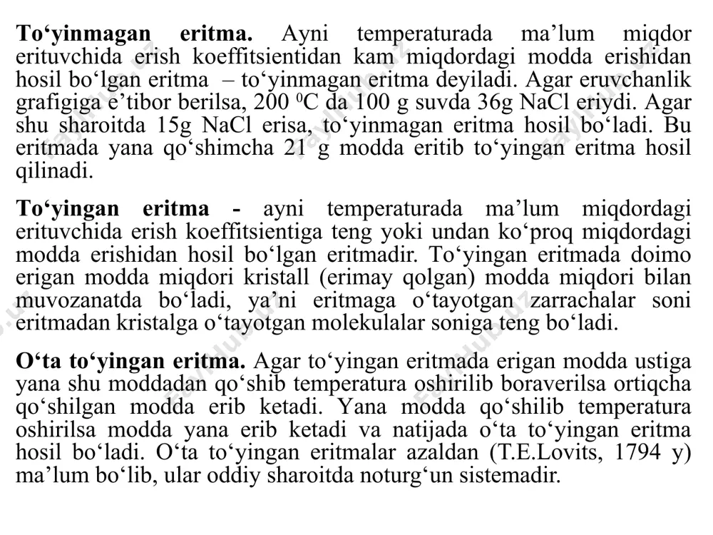 assasi 95 g suv bor, demakdir erigan moddaning 1 litr eritmadagi mollar soni eritmaning molyar konsentratsiyasi deyiladi. buday eritmalar molyar eritmalar deyiladi. odatda molyar konsentratsiya cm yoki m bilan ifodalanadi. masalan, 2 m h2so4 eritmasi deganda har bir litr h2so4 eritmasida 2 mol sulfat kislota erigan deb bilish kerak. demak cm = 2 mol/l. molyar kontsentratsiya yoki molyarlik. bunda eritma kontsentratsiyasi erigan moddaning 1 litr eritmadagi mollar soni bilan ifodalanadi. agar 1 l eritmada 1 mol erigan modda bo’lsa, bunday eritma kontsentratsiyasi 1 molyar bo’ladi va m bilan belgilanadi. agar 1l eritmada 0,1 mol eruvchi modda bo’lsa, uning kontsentratsiyasi detsimolyar eritma deyiladi. (0,1 m ). yuqoridagi ta‘rifga binoan cm= normal eritma deb 1 litr eritmada erigan moddaning ekvivalentlar soniga aytiladi. bunday eritmalar normal eritmalar deb ataladi. ular cn yoki n harfi bilan ifodalanadi. chunonchi, 2 n h2so4 eritmasi deganda bir litr eritmada 2 ekvivalent sulfat kislota erigan deb tushunish kerak. …