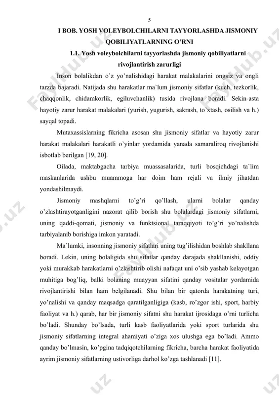 igi va ularning yuksak darajadagi integral natijasi mahoratining muayyan taqdirini belgilab beradi. maqsadga muvofiq rejalashtirilgan jismoniy tayyorgarlik sport mahoratini shakllantirish va musobaqa davomida yuksak sport natijaga erishishda nihoyatda muhim omillardan biridir. lekin, sport amaliyotida har doim ham rejalashtirilgan jismoniy mashqlar muvofiq harakat sifatlarini rivojlantirishda kutilgan natijani bermaslik holatlari tez-tez uchrab turadi. buning asosiy sabablaridan biri mashg’ulotlarda qo’llanilgan u yoki bu jismoniy mashqlarning xajmi va shiddati hamda ushbu ko’rsatkichlarni shug’ullanuvchilar organizmiga ta`sir etish darajasi (organizmni yuklamaga bo’lgan aks javobi -reaktsiyasi) ob`ektiv ravishda baholanmasligidadir. shuning uchun ham o’quv-mashg’ulot jarayonida qo’llanilayotgan jismoniy yuklama (jismoniy mashqlar) ning shug’ullanuvchilar organizmining funktsional imkoniyatlariga muvofiqligi e`tiborga olinishi shu yuklamani maqsadga muvofiq rejalashtirish imkoniyatini yaratadi [12]. umumiy jismoniy tayyorgarlik tushunchasi bu sportchining harakat sifatlarini har tomonlama (garmonik ravishda) rivojlanganlik darajasini anglatadi. masalaga shu tarzda yondoshish oddiy inson sog’ligini (sportchini ham) shakllantirish nuqtai nazaridan maqsadga muvofikdir. albatta, «katta» sportda bu ham zarur. lekin, bunday amaliyot va shunga asoslangan mashg’ulot …