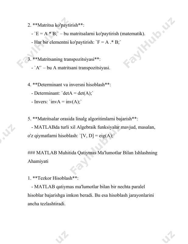 lamda bo'lish ehtimoliga ko'ra baholanadi va bu ehtimol 0 va 1 oralig'ida har qanday qiymatni qabul qilishi mumkin. matlab'da bulanlik ifodalash muloqotlari ko'pincha "fuzzy logic toolbox" orqali amalga oshiriladi. 2. **bulaniklik darajasi**: ma'lumotlar bulaniklik darajasi bilan belgilanadi, bu esa har bir elementning to'plamga qanday darajada tegishli ekanligini ko'rsatadi. masalan, matnli ma'lumotlar yoki aniq soni aniq bo'lmagan miqdorlar bilan ishlashda qo'l keladi. 3. **bulanik qaror qabul qilish**: matlab'da qattiymas ma'lumotlar bilan ishlashda bulaniklik teoremalari va qoidalari qo'llaniladi. bulanik qaror qabul qilish tizimlari belirsiz ma'lumotlar asosida aniqroq qarorlarni shakllantirish imkonini beradi. masalan, noaniq miqdordagi aksiyalar narxlarini bashorat qilishda yoki ob-havo ma'lumotlarini tahlil qilishda foydalaniladi. 4. **fis (fuzzy inference system)**: matlab'da "fuzzy inference system" vositasi mavjud. bu tizim ifodalari va qoidalari yordamida kiritilgan ma'lumotlarga asoslangan tanqidiy qarorlarni ishlab chiqadi. fis ikkita asosiy turi mavjud: mamdani va sugeno, ikkisi ham o'ziga xos algoritmlar va qo'llanmalar bilan farqlanadi. 5. **matlab'da simulatsiyalar**: matlab'da qattiymas ma'lumotlar bilan …