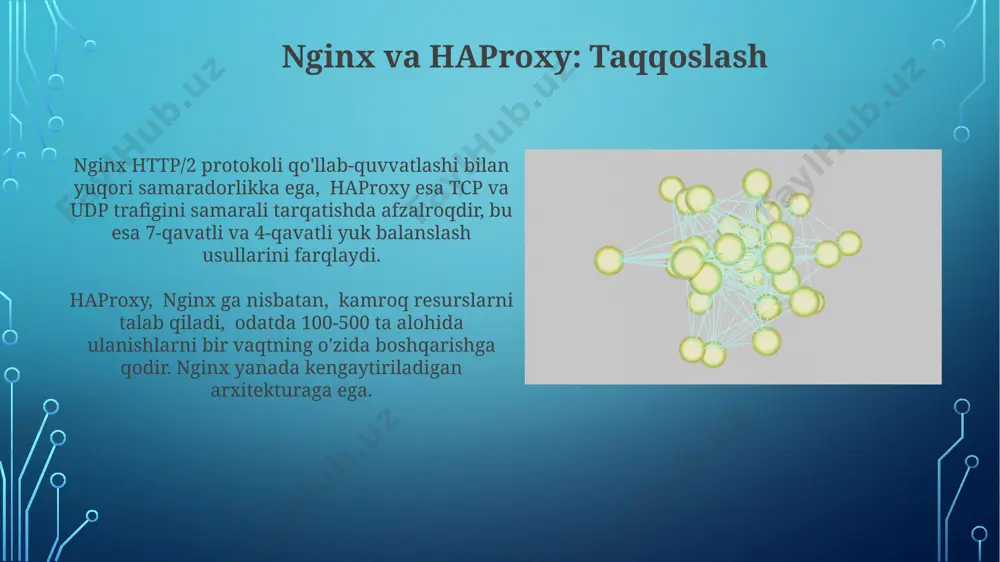 dentsiyalar server klasterlashda sun'iy intellekt va mashinani o'rganish texnologiyalarining 2025 yilga kelib 30% ga ko'payishi kutilayotganligi, bu avtomatik yuk taqsimlash va resurslarni optimallashtirishni ta'minlaydi. serversiz funksiyalar va bulutli xizmatlarning tez rivojlanishi, 2030 yilga borib yuk balansirovkalash tizimlarining serversiz arxitekturani qo'llab-quvvatlashga bo'lgan talabini 60% ga oshiradi. nginx: arxitektura va xususiyatlari nginx konfiguratsiyasi, odatda, nginx.conf faylida amalga oshiriladi va bu fayl direktivlar yordamida serverning turli xil parametrlarini, masalan, virtual hostlarni va portlarni sozlash imkonini beradi. nginx asinxron, event-driven arxitekturaga ega bo'lib, yuqori mahsuldorlikni ta'minlash uchun 10000 dan ortiq bir vaqtda ulangan foydalanuvchilarni qayta ishlashga qodir. monitoring va loglarni yig'ish loglarni tahlil qilish uchun elasticsearch kabi vositalardan foydalanish orqali, 10000 ta so'rovdan ortiq ma'lumotlarni filtrlash va ma'lum bir vaqt oralig'idagi muammolarni aniqlash mumkin. nginx va haproxy kabi vositalar server klasterlaridagi 500 dan ortiq xatoliklarni kuzatish va ularning loglarini yig'ish uchun real-time monitoring tizimlari bilan integratsiyalash imkonini beradi. e'tiboringiz uchun rahmat @taqdimot_robot image3.jpg image4.jpg …