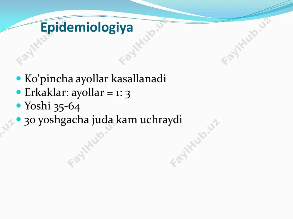 , proteinuriya, xatarli gipertenziya, qon ketishi bilan retinopatiya va optik papilla shishi, ensefalopatiya  surunkali nefropatiya buyrak glomeruli, tubulalari va stromasi tomirlarining shikastlanishi  surunkali glomerulonefrit belgilari - proteinuriya, mikrogematuriya, gipertoniya, glomerulyar filtratsiya tezligining pasayishi, surunkali buyrak etishmovchiligi boshqa a’zolar zararlanishi  nafas olish tizimi fibrozing alveolit, diffuz o'pka fibrozi, o'pka gipertenziyasi. klinikasi - nafas qisilishi, zo'riqish paytida samarasiz yo'tal, auskultativ kreppit  yurak kardioskleroz, kardiomegaliya, aritmiyalar, to'satdan o'lim, yurak etishmovchiligi, skleroderma kasalligi  asab tizimi polinevopatiya (qo'l va oyoqlarda og'riq, giper va giposteziya ko'rinishidagi sezuvchanlikning buzilishi, tendon reflekslarining pasayishi), trigemenit (uchlamchi asabning yallig'lanishi) qo’shimcha belgilari  ozib ketish 10 kg dan oshadi  echtning soatiga 20 mm dan oshishi gipergammaglobulinemiya 23% dan yuqori  dnkga rf mavjudligi (40-50%)  anti-skleroderma-70 mavjudligi (o'ziga xos ana)  ssd ning kapillyaroskopik belgilari (tirnoq to'shagining keng maydonli mikroskopiyasi) - kapillyar halqalarning kengayishi va tortilishi, kapillyarlar sonining kamayishi, qon ketishi ssd davolash  antifibroz …