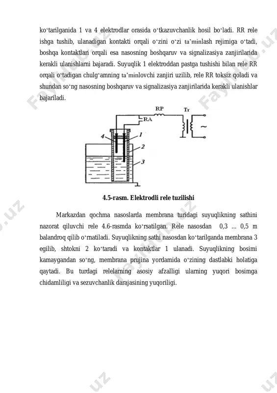 qalqovchi rele) qr orqali amalga oshiriladi. suyuqlikning darajasi past boʻlganda drenajni qabul qiluvchida qr relesining kontakti uzilgan va nasos oʻchiq boʻladi. suyuqlik maʻlum bir 2 darajaga koʻtarilganda qr relesining kontakti ulanib, k ishga tushirgichni ulaydi. nasos ishga tushadi va suvni haydaydi. qalqovchi relesining qr kontakti suyuqlikning sathi quyi 3 darajagacha tushguncha ulanib turadi. suyuqlik pastga tushgach ru kontaki ajralib, k magnit ishga tushirgichni uzadi va nasos toʻxtaydi. 4.7-rasm. drenaj nasosining tuzilishi (a) va uning sxemasi (b) elektr motorning qisqa tutashishdan va oʻta yuklanishdan himoyalash birlashtirilgan (maksimal va harorat) ajratuvchi b avtomat orqali amalga oshiriladi. nol himoyasini magnit ishga tushirgichni oʻzi taminlaydi. qalqovchi relesi qr pasaytiruvchi transformatorsiz ishlab, uning boshqaruv impulsi sxemaga oraliq relesiz uzatiladi. bunday oddiy sxemalardan nasos va suv toʻplanuvchi hovuzlar oraliq masofasi yaqin boʻlganda, kontaktor chulgʻami va qalqovchi releni oʻzaro ulaydigan simlardagi kuchlanishning tushishi past boʻlganda foydalaniladi. nazorat savollari 1. pozitsion maxanizmlarni ishlash prinsipi nimaga asoslangan? 2. kompressorlar …