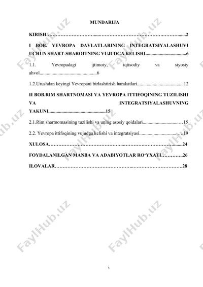 yevropa davlatlarining integratsiyalashuvi bo‘yicha kurs ishi — DOCX