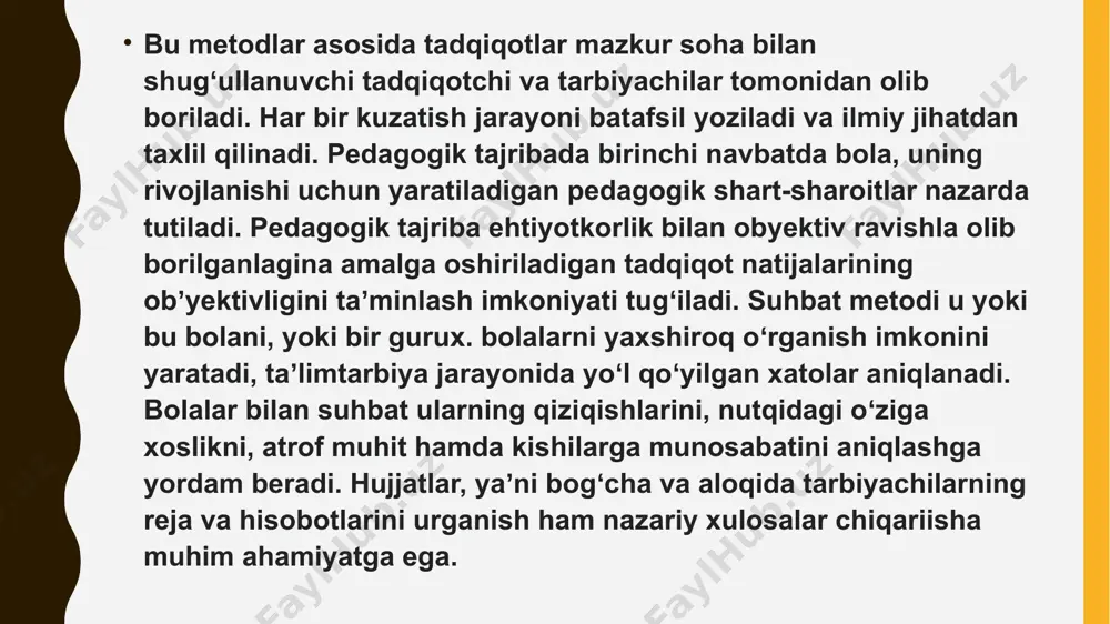 ligini, daraxt barglarining yashilligini ko‘radi, ko‘cha tomondan quloqqa chalinuvchi har xil tovushlarni eshitadi, ba’zi narsalarning sovuqligini, boshqalarining issiqligini sezadi. odam o‘ylaydi va gaplashadi, ya’ni u tafakkur hamda nutqqa egadir. biz ilgari bo‘lib o‘tgan narsa va hodisalarni xotira va xayol tufayli esda saqlaymiz va kelajak haqida orzu qilamiz. mavzu:"ilk qadam" davlat o'quv dasturi asosida maktabgacha ta'lim tashkilotlarda faoliyat markazlarda talim jarayonini tashkil etish reja: 1 .maktabgacha ta’lim tashkilotida rivojlanish markazlarini samarali tashkil etish markazlardagi bolalar faoliyati maqsadi va vazifalari markazlardagi bolalar faoliyati turlari markazlardagi faoliyatda pedagogning roli maktabgacha ta’lim tashkilotlarida ta’lim-tarbiya jarayonini ilk va maktabgacha yoshdagi bolalar rivojlanishga qo’yiladigan davlat talablari va “ilk qadam” davlat dasturi asosida rejalashtiriladi. hozirgi kunda o’zbekiston respublikasi maktabgacha ta’lim vazirligi tasavvuridagi maktabgacha ta’lim tashkilotlarida bolalarmni sifatli maktab ta’limiga tayyorlashda alohida e’tibor qaratilmoqda. jumladan “ilk qadam” davlat dasturini ta’lim-tarbiya jarayoniga tadbiq etish, dasturni to’laqonli ishlab ketishida metodik ta’minot va metodik yordamning o’rni belgilab olindi. “ilk qadam” dasturi …