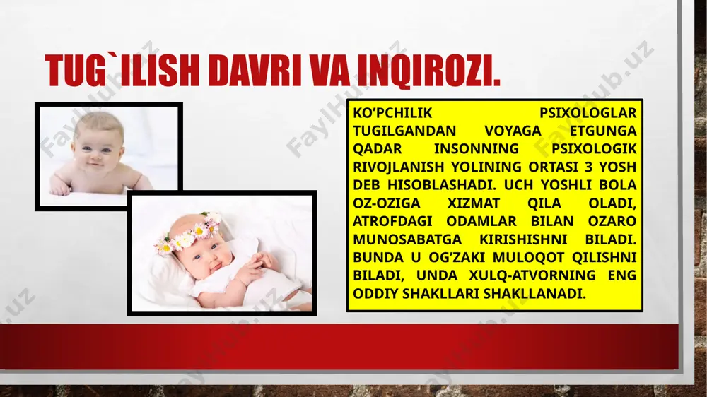 harakatlarining yangi turlari tashkil etadi. bu yoshda avtodidaktik, ozi orgatuvchi oyinchoqlar (matryoshkalar, qutichalar, kubchalar, mozaika va boshqalar) bolani tez rivojlantiradi. chaqaloqning sezgi organlari chaqaloqning sezgi organlari uning harakatiga qaraganda durustroq rivojlangan bo’ladi. masalan, chaqaloq achchiqni shirindan, issiqni sovuqdan, ho’lni quruqdan farqlay oladi. uning hid bilish organlari juda zaif bo’lishiga qaramay, burniga yoqimsiz hidli modda yaqinlashtirilsa, bezovtalanadi. bola teri tuyush, haroratni his qilish, sezish, og’irlikni faxmlash, ta’m bilish sezgilari ham etarli darajada rivojlangan bo’ladi.chaqaloqda jismlarni, odamlarni, atrof-muhitni kattalar kabi yaxlit va aniq idrok qilish imkoniyati bo’lmaydi. chunki idrok qilish insonning boshqa psixik jarayonlari (xotira, tasavvur, tafakkur), ruhiy holatlari (his-tuyg’u, o’ng’aysizlanish) va o’ziga xos tipologik xususiyatlari bilan uzviy bog’liqlikda amalga oshadi. shuning uchun chaqaloqda mazkur imkoniyat o’ta cheklangan bo’lib, sezgi organlari oddiy aks ettirish imkoniyatiga ega. d.b.elkonin fikricha, chaqaloq hayotininng uchinchi haftasida onaning emizishdagi holatiga moslashish bilan bog’liq birinchi tabiiy shartli refleks vujudga keladi va keyinchalik esa ba’zi qo’zg’atuvchilarga javob tariqasida alohida …