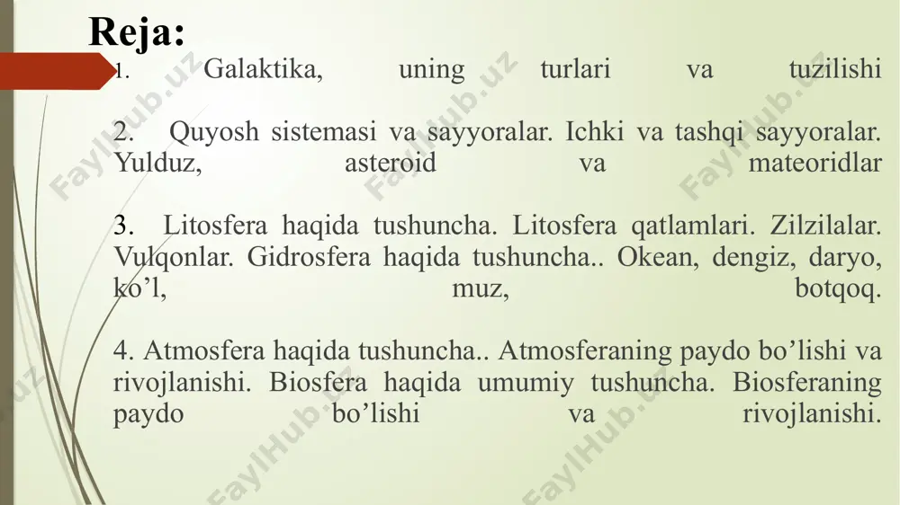 qilib tushintirganda, asteroidlar quyosh atirofida haraklanuvchi kichik jismlar, ularning dumi boʻlmaydi. kometalar esa quyosh atirofida aylanadi, ammo orbitasi ancha choʻzinchoq boʻladi va albatta ularning juda uzun dumi ham boʻladi. meteorlar yerning atmosferasida yoʻq boʻlib ketuvchi osmon jismlari (ular asteroid ham boʻlishi mumkin, faqat yergacha yetib kelsa va atmosferada erib ketsa kifoya). meteoritlar esa atmosferada erib ketishga ulgurmagan va maʼlum qismi yergacha yetib kelgan meteorlar. umuman olganda u avval asteroid boʻlgan, soʻngra yer bilan toʻqnashgandan soʻng nomini meteoritga oʻzgartirgan. yer shаri qаttiq suyuq gаzsimоn yer shаri qаttiq, suyuq vа gаzsimоn mоddаlаrdаn ibоrаt bo’lib, ulаr sоlishtirmа оg’irligigа qаrаb turlichа jоylаshgаn. sоlishtirmа оg’irligi kаttаrоq bo’lgаn mоddаlаr yerning yadrо qismidа, аksinchа yengilrоqlаri esа yer yuzigа yaqin jоylаshgаn.yer shаrining ichki qismidаgi mоddаlаrning jоylаshishigа vа ulаrning fizik, хimiyaviy хоssаlаrigа ko’rа yer po’sti, mаntiya vа yerning yadrоsi deb uch qismgа аjrаtilаdi. yer po’sti (litosfera) silikаtli yengil jinslаrdаn hаmdа yoriqlаr оrqаli yerning mаrkаziy qismidаn ko’tаrilib chiqqаn temirgа bоy …