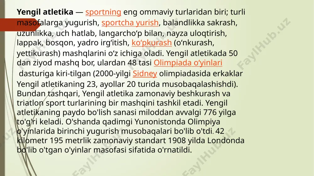 larda yugurish xillari bo’ladi. yugurishning xillari va masofa uzoqligining variantlari har xil. yengil atletika sport turlarida maxsus mashqlarni bajarish. o'z navbatida 5 ta rang-barang halqa, har 4 yilda bir marta o'yinlarda qatnashadigan dunyoning mintaqalarini anglatadi. moviy halqa – bu yevropa, qizil – amerika, sariq – osiyo, qora – afrika va yashil – avstraliya. etibor bering, ushbu ranglarning kamida bittasi dunyoning har qanday bayrog'ida mavjud. halqalar bir-biriga bog'langan bo'lishi kerak va bu o'yinlar tanasining rangi, irqi va dinidan qati nazar dunyoning barcha qismlarini, sayyoradagi barcha odamlarni birlashtirganligini namoyish etadi. langarchoʻpga tayanib sakrash (erkaklar) yangi rekord: 6.17 m armand dyuplant (shvetsiya) 5 000 metr (erkaklar) yangi rekord: 12:51 minut joshua keptegi uch hatlab sakrash, yopiq inshootda (ayollar) yangi rekord: 15.43 metr useyn bolt (ingl. usain st. leo bolt) 1986 yilning 21 avgustida yamaykaning treloni okrugida tug'ilgan. asosan qisqa masofalarga yuguradi. 8 karra olimpiada, 11 karra jahon chempioni. 8 marotaba jahon rekordini o'rnatgan. …