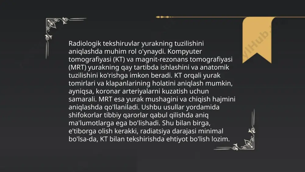 sini aniq ko'rsatadi. ehokardiyografiya yordamida yurak kameralarining hajmi va devorlarining harakatlari tekshiriladi. kompyuter tomografiya (kt) tomirlarning holatini va qon oqimini baholashda muhim. pozitron-emission tomografiya (pet) metabolik faollik va qon ta’minotini o'lchashda ishlatiladi. holblingan natijalar yurakning ishemik kasalliklariga tashxis qo'yishda, miokard infarkti o'lchamini aniqlashda va tug'ma yurak nuqsonlarini baholashda yordam beradi. statistika ko’rsatishicha, radiologik usullar 85-90% aniqlik bilan yurak kasalliklarini aniqlay oladi. ... t.me/slaydai_bot radiologik tekshiruvlar zamonaviy tibbiyotda kasalliklarni aniqlash va davolashda tezkorlik va qulaylik yaratadi. kompyuter tomografiyasi (kt) va magnit-rezonans tomografiyasi (mrt) yordamida bemorlarning ichki organ va to'qimalari batafsil tasvirlanadi. kt orqali 5 daqiqa ichida tananing turli qismlarini ko'rish mumkin. mrt esa ichki to'qimalarning aniq tasvirlarini bir necha o'n daqiqada taqdim etadi. odatda sifatli tasvir olish uchun kontrast moddalari kiritiladi. rentgen tekshiruvlari esa suyaklarning holatini aniqlashda asqatadi va natijalar bir necha soniyada olinadi. ushbu metodlar tibbiyotda zamonaviylik va qulaylikni oshiradi. ... t.me/slaydai_bot 10. yurak va qon tomirlarni radiologik tekshiruvlarda radiatsiya …