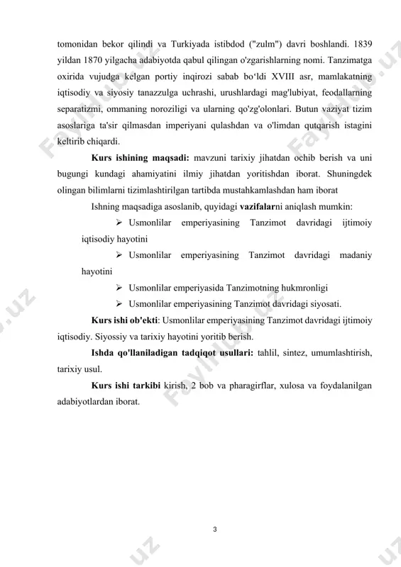 iy iqtisodiy. siyossiy va tarixiy hayotini yoritib berish. ishda qo'llaniladigan tadqiqot usullari: tahlil, sintez, umumlashtirish, tarixiy usul. kurs ishi tarkibi kirish, 2 bob va pharagirflar, xulosa va foydalanilgan adabiyotlardan iborat. i bob. usmonlilar emperiyasida tanzimot hukmronligi 1.1. tanzimotning usmonlilar taxtiga chiqishi usmonlilar imperiyasida 1839-1876 yillarda sultonlar hukmronligi davrida eʼlon qilingan bir qator islohotlar.abdulmecid i vaabdulaziz. yevropa gʻoyalari katta taʼsir koʻrsatgan bu islohotlar imperiyani teokratik tamoyillarga asoslangan eski tuzumdan zamonaviy davlat tuzumiga tubdan oʻzgartirishni maqsad qilgan edi.[footnoteref:1] [1: strauss, johann (2010). "a constitution for a multilingual empire: translations of the kanun-ı esasi and other official texts into minority languages". in herzog, christoph; malek sharif (eds.). the first ottoman experiment in democracy. würzburg: orient-institut istanbul. pp. 21–51] tanzimat islohotlarining asosiy qoidalarining ko'pchiligida bayon etilgangulhanelik hatt-i sharif (1839; “atirgullar xonasining olijanob farmoni”). bu hujjatda din va irqdan qat’i nazar, imperiyaning barcha bo‘ysunuvchilari hayoti, mulki va sha’ni xavfsizligini kafolatlaydigan yangi institutlar barpo etish zarur …