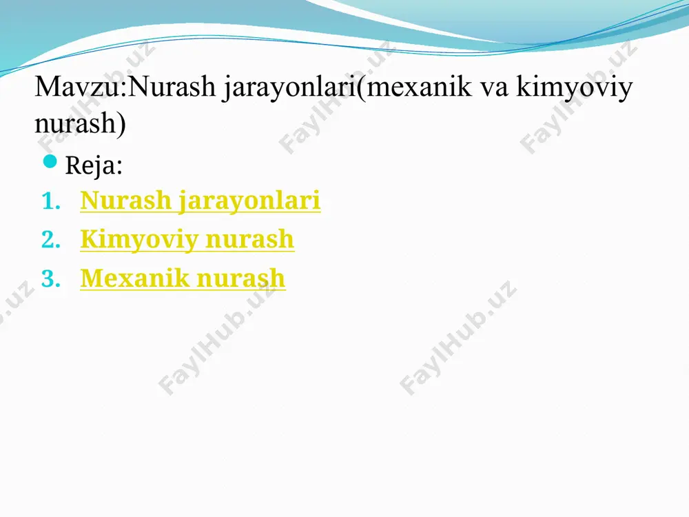ug‘lar tog‘ jinslarining kimyoviy tarkibini o‘zgartiradi. nurash jarayonlarining ahamiyati nurash natijasida tuproq hosil bo‘ladi, minerallar o‘zgartiriladi va geografik landshaftlar shakllanadi. shu sababli, bu jarayon tabiatning rivojlanishida muhim rol o‘ynaydi. choʻkindi hosil boʻlish muhiti koʻp omilli boʻlib, unda xududning iqlimi, relyefi va geotektonik rejimi muhim ahamiyatga ega. yer yuzasida ochilib yotgan birlamchi togʻ jinslarining havo, suv va muzlik, haroratning oʻzgarishi va boshqa tabiiy — kimyoviy hodisalar hamda organizmlar taʼsirida parchalanishiga nurash deyiladi. u nurash omillariga qarab fizik, kimyoviy va biologik nurashga boʻlinadi. fizik nurash haroratning keskin oʻzgarishi, suv va havo oqimlari, muzlarning harakati natijasida togʻ jinslarining mexanik parchalanishi orqali amalga oshadi. togʻ jinslarini minerallarning issiqlikda kengayish koʻrsatkichi turlicha boʻlgani tufayli ular turli miqdorda kengayadi va torayadi. dastlab togʻ jinslarida yoriqchalar hosil boʻladi. darzliklarda suv singib muzlaydi. natijada darzliklar kengayadi. yirik kristall donali jinslarda minerallarning dezintegrasiyasi — donalarning bir-biridan ajralib ketishi sodir boʻladi. togʻ jinslarining struktura va teksturasi turlicha boʻlgani sababli ham …