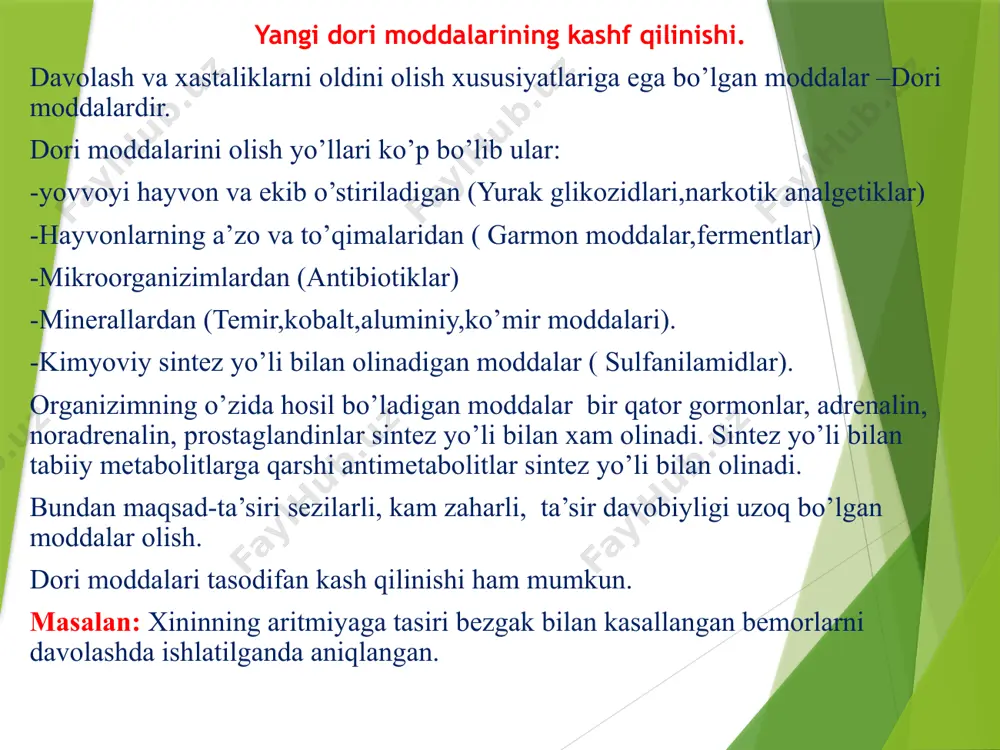 konserogenligi, mutagenligi aniqlanadi. dori moddalarining o’tkir zaharliliogi-1 marotaba yuborilganida. surunkali zaharliligi-davomli qo’llaganda aniqlanadi. tajribalar o’tkazilganida fizialogik, biokimyoviy, morfologik va boshqa usullar qo’llaniladi va dori vositasining ta’siri tibbiyotda qo’llaniladigan dori vositasidan ustun ekanligi aniqlansa, farmakologik qo’mitaga topshiriladi va dori vositasi qo’yilgan talab normalariga javob bersa 7-8 ta bemorda sinaqab ko’riladi odatda ijobiy natija olinadi. natijalar olingach farmakologik qo’mitaga topshiriladi va dori vositasi natijalari tahlil qilinib ishlab chiqarishga ruxsat beriladi. dori moddalarini tasniflash qonun-qoidalari farmakalogiya ikki bo’limdan iborat- umumiy va xususiy farmakalogiya. umumiy farmakalogiya – dori moddalari tufayli kelib chiqadigan qonun-qoidalarni, ularning farmakodinamikasi vaq farmakokinetikasini o’rganadi. farmakokinetika- dori moddalarini organizimga yuborish, ularning so’rilishi, oqsillar bilan bog’lanishi, taqsimlanishi, o’zgarishi va organizimdan chiqib ketiushini o’rganadi. frmakodinamika – dori moddalarining ta’sirini, ta’sir etish kuchini va ta’sir mexanizmini o’rganadi. dori moddalarini guruhlarga tasnif qilish ancha murakkab chunki dori vositasi kimyoviy jixatdan bir-biriga yaqin bo’lsada ta’sir etish soxalari har xil bo’lishi mumkun. azolar bo’yicha xam guruhlash qiyinchilik …