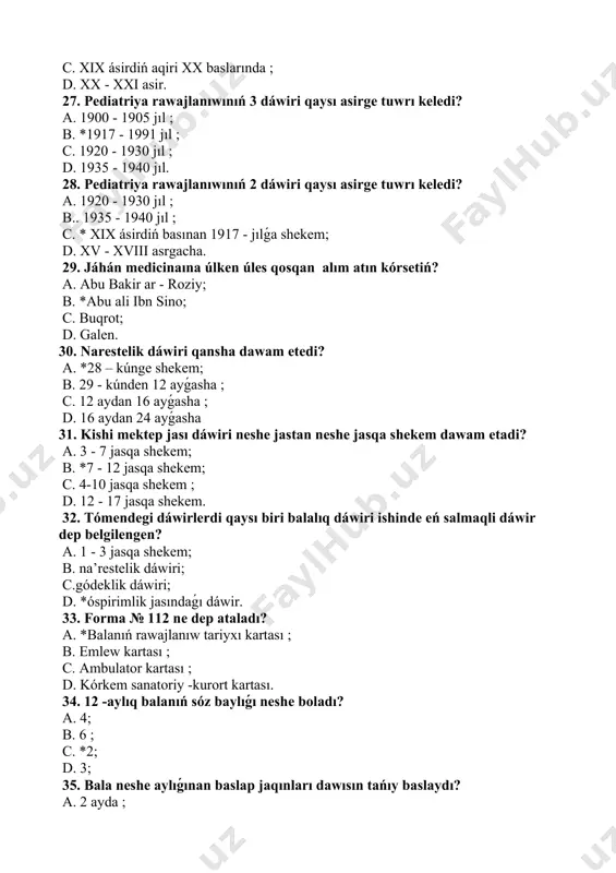 ilik sıyımlılıqı neshe ml boladı? a. 800-1000 ml; b. *400-500 ml; c. 800 ml; d. 2500 ml. 48. nárestelerdi 1 minut daǵı júrek urıs sanın kórsetiń? a. 90 -100; b. 75- 85; c. 70-78; d. * 120 -160. 49. 5 jaslı balanı júregi 1 minutda neshe márte uradi? a. *90 -100; b. 75-85; c. 120 -160 ; d. 70-78. 50. náreste 1 sutkada neshe ret siyedi? a. 10 -15 ret; b. 10 -18 marta ; c*. 20 -25 ret; d. 2-3 ret. 51. náresteler quwıǵınıń sıyımlılıqı neshe ml di quraydı? a. 500-600 ; b. *50-55; c. 500-400; d. 650-700. 52. 5 jaslı balanıń asqazan sıyımlılıqı neshe ml boladı? a. *600-900; b. 30 -34; c. 1300-1500; d. 1500-2000. 53. náreste óńeshining uzınlıǵı neshe sm boladı? a. *10 -11 sm; b. 20 -30 sm; c. 13-15 sm; d. 15-20 sm. 54. balada silekey bezi qaysı aydan aktivlesedi? a. 3 ay ; b. …