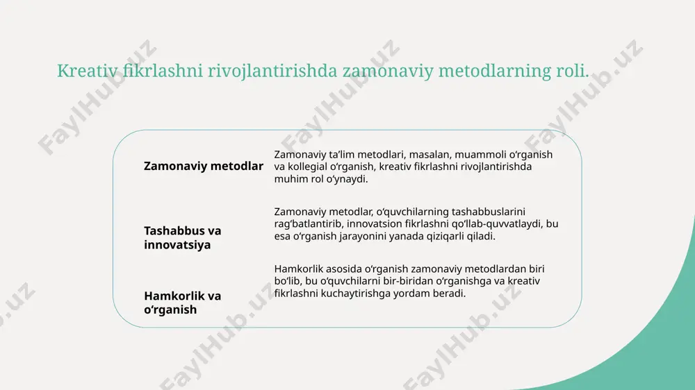 a orqali o'qituvchilar yangi texnologiyalarni, masalan, raqamli vositalarni o'z darslarida qo'llab, o'quv jarayonini yanada samarali qiladi. xulosa 1 zamonaviy yondashuvlar - zamonaviy taʼlim metodlari oʼquv jarayonini yanada samarali va qiziqarli qilishga yordam beradi. ular interaktivlikni oshiradi, oʼquvchilarning faolligini ragʻbatlantiradi. 2 kreativ fikrlashning ahamiyati - kreativ fikrlash taʼlimda oʼquvchilarning muammolarni hal qilish qobiliyatini oshiradi. bu, oʼz navbatida, innovatsion gʼoyalar va yechimlar yaratishga imkon beradi. 3 innovatsion taʼlim strategiyalari - innovatsion taʼlim strategiyalari kreativ yondashuvlarni qoʼllashni osonlashtiradi. ular oʼquv jarayonida yangi imkoniyatlarni ochib beradi va ijtimoiy-iqtisodiy rivojlanishga hissa qoʼshadi. e'tiboringiz uchun rahmat! /docprops/thumbnail.jpeg
