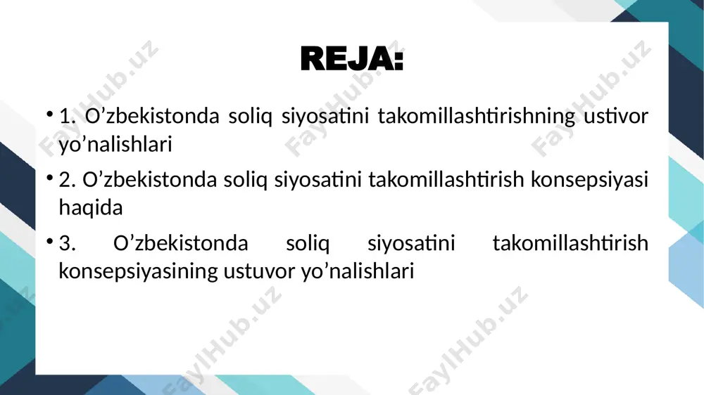 soliq solishning soddalashtirilgan va umumbelgilangan tizimida soliqlarni to‘laydigan xo‘jalik yurituvchi subyektlar o‘rtasidagi soliq yuki darajasidagi farqning sezilarliligi; ikkinchidan, qo‘shilgan qiymat solig‘ini undirishning samarasiz tizimi, soliq to‘lovchilarning aylanma mablag‘larini jalb qiladigan, shuningdek, iste’mol mahsulotining oraliq va yakuniy qiymati qimmatlashishiga olib keladigan hamda yirik va kichik biznes o‘rtasidagi kooperatsiyaning rivojlanishiga to‘sqinlik qiladigan majburiy to‘lovlarning mavjudligi; uchinchidan, soliq to‘lovchilar tomonidan xodimlarning real sonini va mehnatga haq to‘lash fondini yashirishga olib keluvchi mehnatga haq to‘lash fondi soliqstavkalarining yuqoriligi; to‘rtinchidan, imtiyozlarning samaradorligini monitoring va nazorat qilish bo‘yicha ta’sirchan tizimning mavjud emasligi sababli sog‘lom raqobatni ta’minlashga salbiy ta’sir ko‘rsatuvchi, xo‘jalik yurituvchi subyektlarni soliq va bojxona, shu jumladan individual xususiyatga ega bo‘lgan imtiyozlar hisobiga qo‘llab-quvvatlash amaliyotining keng tarqalganligi; beshinchidan, davlat organlari va tashkilotlari o‘rtasida axborot almashish mexanizmlarining, elektron soliq ma’muriyatchiligi hamda soliq nazoratini amalga oshirish shakl va uslublarining takomillashmaganligi; oltinchidan, o‘tkaziladigan nazorat tadbirlarining sifatiga salbiy ta’sir ko‘rsatuvchi va insofli tadbirkorlik subyektlarining faoliyatiga aralashishlarni kamaytirishga to‘sqinlik qiluvchi nazorat …