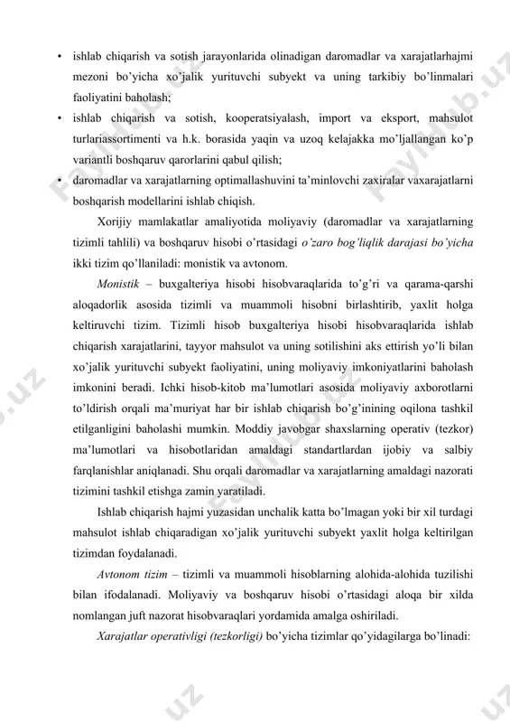 adi: materiallarni, asosiy vositalarni sotib olish va ishlatish xarajatlari bo’yicha, mehnat xarajatlari, yuk hujjatlari xarajatlari bo’yicha standartlarni ishlab chiqishni; me’yoriy xarajatlar bo’yicha tannarx kalkulyatsiyasini va normativlardan hamda smetalardan chetlanishlarni ko’rsatgan holda amaldagi xarajatlarni tuzish. jahon amaliyotida bunday tizim “standart-kost” deb yuritiladi. u tannarxni shakllantirish bo’yicha nazoratning tezkorligiga va, zaruriyat tug’ilganda, uning jarayonlarini tartibga solishga yo’naltirilgan. xarajatlarni tannarxga kiritishning to’liqligi – amaliyotda qo’llanilayotgan hisob tizimi tasniflanishining belgilaridan biri. boshqaruv hisobida turli maqsadlarga javob beruvchi ikki tizim - to’liq xarajatlar hisobi tizimi va qisman xarajatlar hisobi tizimi amal qiladi. to’liq xarajatlar hisobi tizimi tannarxni kalkulyatsiya qilish va ishlab chiqarishga qilingan xarajatlarning an’anaviy hisob turi sifatida namoyon bo’ladi. xarajatlarning asosiy guruhlanishi ularning asosiy (to’g’ri kalkulyatsiya obyektiga olib borilishi) va egri (kalkulyatsiya obyektlari o’rtasida qandaydir bazaga proporsional tarzda taqsimlanishi) xarajatlarga bo’linishi orqali amalga oshadi. qisman xarajatlar tizimi deganda to’g’ridan-to’g’ri xarakterga ega va ayrim mahsulot turlari tannarxiga qo’shiluvchi ayrim xarajatlar elementlari to’plamini amalga oshiruvchi munosabat …