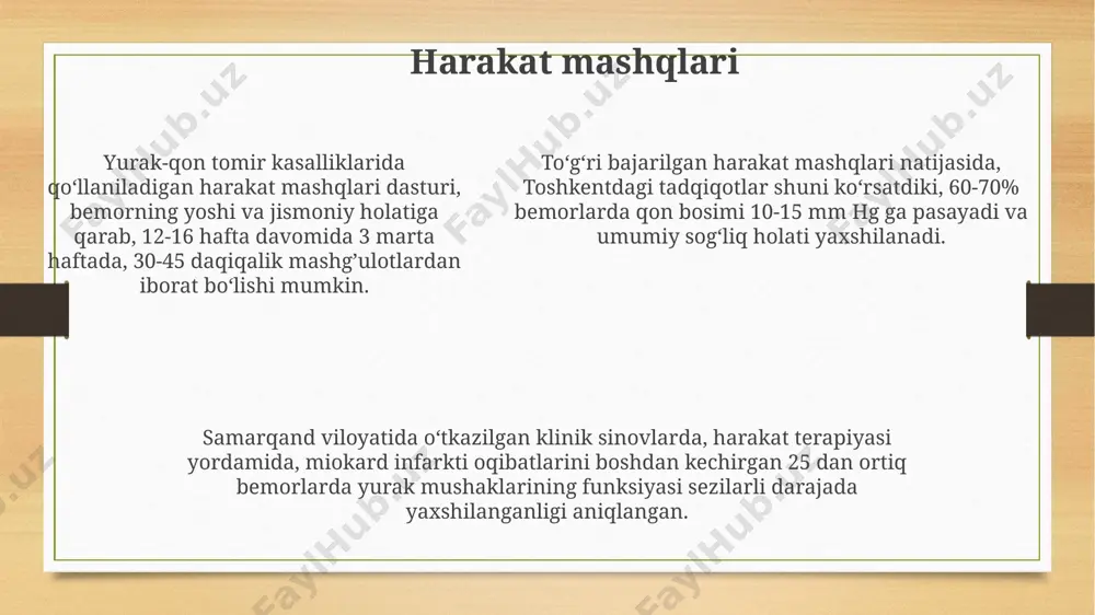 arajada kamayishi kuzatildi, bu esa hayotiy faoliyat sifatini yaxshilaydi. fizioterapiyaning boshqa usullari o'zbekistondagi 30 ga yaqin kardiologiya markazlarida yurak-qon tomir kasalliklarida 10 dan ortiq turdagi fizioterapiya usullari, shu jumladan, magnitoterapiya va elektroforez qo'llanilmoqda. samarqanddagi reabilitatsiya markazida nafas olish mashqlari va terapevtik gimnastika dasturlari yordamida, yurak xuruji o'tkazgan bemorlarda 6 oy ichida jismoniy faoliyat darajasini 2-3 ballga oshirish mumkin. tokioda o'tkazilgan tadqiqotlar shuni ko'rsatdiki, 50 yoshdan oshgan bemorlarda yurak yetishmovchiligini davolashda, 2 hafta davomida qo'llaniladigan ultrasound terapiyasi yurak mushaklarining qisqarishini 15% ga yaxshilaydi. e'tiboringiz uchun rahmat @taqdimot_robot image3.png image4.png