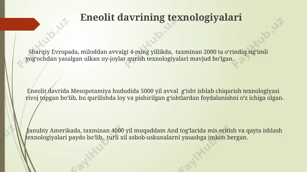ortiq kishidan iborat oila guruhlari uchun iqtisodiy asos boʻlgan. eneolit davrida, taxminan miloddan avvalgi 6000-4000 yillar oraligʻida, mesopotamiya hududida sugʻorma dehqonchilikning rivojlanishi natijasida ortiqcha mahsulotlar paydo boʻldi, bu esa shaharlarning shakllanishiga va ijtimoiy tafovutning kuchayishiga olib keldi. eneolit davrining ijtimoiy tuzilmasi taxminan miloddan avvalgi 4000-3000 yillar orasida janubiy amerikada, and togʻlarining etagida joylashgan qishloqlarda, murakkab sugʻorish tizimlari va mehnat taqsimoti rivojlanishi bilan birga, ijtimoiy farqlanish kuchaygan. oʻrta osiyo hududlarida topilgan eneolit davriga oid qabristonlar, 20-30 ta dafn marosimlari orqali, jamiyatda ma'lum darajada boy va kambagʻal qatlamlarining mavjudligini koʻrsatadi. eneolit davrida, masalan, jazoirning kapsa mintaqasida 50-100 kishidan iborat qishloq jamoalari mavjud boʻlib, ularning ijtimoiy ierarxiyasi hali aniq shakllanmagan edi. e'tiboringiz uchun rahmat @taqdimot_robot