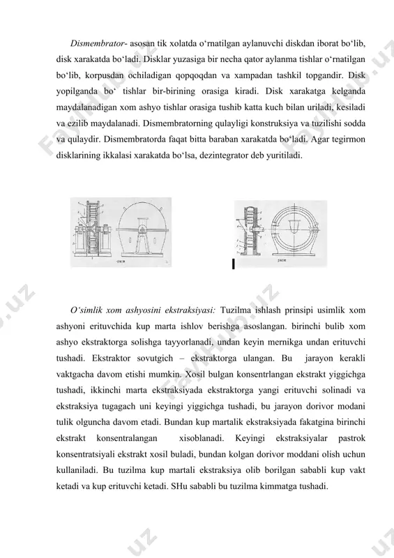 i suyuklikni kabul kiluvchi moslamalar bor. suv uzelining tarmogi kalkon suvlarni charxga etkazib berishga xizmat kiladi. separatorni boshkaruvchi kuli yoki avtomatik usul bilan charxni ishga tushiradi. separatorning ish jarayoni: charxning ish vaaktidagi aylanishi tufayli gidrouzel yordamida kalkon suv separatorga chikadi, tashki porshin kutarilishi natijasida razgruzka yoriklari tusadi. jarayondan xosil bulgan suyuklik kabul kilish kommunikatsiyasidan charxga kuyiladi, bosimli disk yordamida fugatga junatiladi. tarelkalardan ajralib chikkan chukindining bir kismi charxga tashlab turiladi. ish xajmi tuldirilgandan keyin separatorning ishi tuxtatiladi. kalkon suv klapanli moslamaga yuboriladi, sung charxdan tarelkalar orasidagi suyuklik ajratiladi. sung kalkon suv yordamida tashki porshen tushiriladi va aylanma yoriklar ochiladi, yoriklar orasidan shlamm kabul kilgichga chukmalar tashlanadi. o‘simlik xom ashyosidan dorivor moddalarni ajratish. fitokimyo sanoatida o‘simlik tarkibidan dorivor moddalarni ajratish diffuzion apparat –ekstraktorlarda olib boriladi. diffuzion apparatda diffuziya xodisasi sodir bo‘ladi. erituvchi maydalangan o‘simlikning buzilgan xujayralari orqali butun xujayraga kirib u erda diffuziyalanadi. avval aralashmaga ajralib chiqadigan moddalar xujayra yuza qismida …