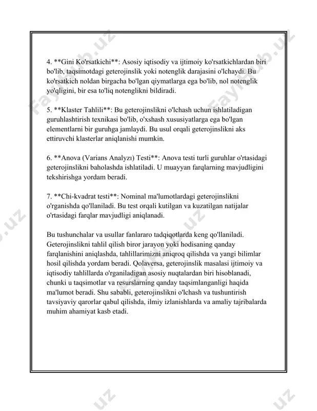(masalan, pirson koeffitsienti) o'zgaruvchilar orasidagi bog'liqlik darajasini ko'rsatadi. 0 ga yaqin qiymatlar bog'lanishning yo'qligini, 1 yoki -1 qiymatlar esa kuchli bog'lanishni bildiradi. 7. **klasterni tahlili**: klasterni tahlili ma'lumotlar to'plamidagi o'xshashliklar asosida guruhlash uchun ishlatiladi. ushbu usul yordamida faqat geterojinslik darajasini baholash emas, balki o'xshash ob'ektlarni birlashtirish ham mumkin. klasterning soni va tuzilishini belgilash orqali ma'lumotlarning ichki strukturasini ochib berish mumkin. 8. **regressiya tahlili**: heterojinslik va bashoratli modeldagi buzilishlarni aniqlashda regressiya tahlili qo'llaniladi. ko'plab regression modellarda geterojinslik mavjud ekanligi faraz qilinadi. agar bu faraz buzilgan bo'lsa, oqibatda xato kvadratlari konstant emasligi paydo bo'ladi, bu holda vaznli o'rta kvadratlar methodi (wls) yoki qachonki heterojinslik sezilarli bo'lsa, robust yondashuvlar ishlatiladi. geterojinslikni baholashda nafaqat statistik usullar, balki boshqa omillar, masalan, tajriba dizayni va ma'lumotlarni yig'ish usullarini ham hisobga olish ham talab qilinishi mumkin. shuningdek, to'g'ri usulni tanlashda o'rganish maqsadini va ma'lumotlarning tabiati kabi omillarga e'tibor berish zarur. 3. eksperimental tadqiqotlarda geterojinslik roli eksperimental tadqiqotlarda …