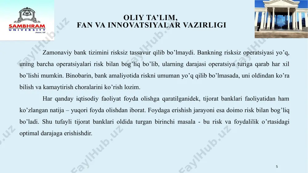 ri asosida amalga oshiriladi; operatsion risk – bankning ichki tizimlari, jarayonlari, axborot texnologiyalari, xodimlar harakatlarida yo’l qo’yilgan xatoliklar yoki tashqi tabiiy jarayonlar, shu jumladan, tabiiy ofatlar natijasida bankda yuzaga keladigan moliyaviy yo’qotish bilan bog’liq tavakkalchilik; 15 oliy ta’lim, fan va innovatsiyalar vazirligi mamlakat riski – bankning xorijiy hamkorlari tomonidan iqtisodiy, siyosiy, ijtimoiy o’zgarishlar sababli o’z moliyaviy majburiyatlarining bajara olmasligi natijasida bankda yuzaga keladigan moliyaviy yo’qotish bilan bog’liq tavakkalchilik; huquqiy risk – bank tomonidan normativ-huquqiy hujjatlar va tuzilgan shartnomalarga rioya qilinmaslik, ish jarayonida huquqiy xatoliklarga (noto’g’ri yuridik maslahat yoki hujjatlarni noto’g’ri tuzilishi) yo’l qo’yilishi, huquq tizimidagi kamchiliklar, hamkorlar tomonidan normativ-huquqiy hujjatlarning buzilishi natijasida bankda yuzaga keladigan moliyaviy yo’qotish bilan bog’liq tavakkalchilik; 16 oliy ta’lim, fan va innovatsiyalar vazirligi biznesda obro-e‘tiborni yo’qotish riski – bankning moliyaviy barqarorligi to’g’risida omma ichida salbiy tasavvur yuzaga kelishi sababli, mijozlar sonining kamayishi, ko’rsatilayotgan xizmat sifatining tushishi natijasida bankda zararlar yuzaga kelishi tavakkalchiligi; firibgarlik riski – bankda …