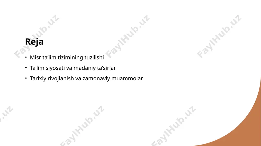 qsadlari. 1 taʼlimning asosiy tamoyillari - misr taʼlim siyosati, inkluzivlik, sifat, va barqarorlik tamoyillariga asoslanadi, bu esa taʼlim jarayonini yanada samarali qiladi. 2 maqsadlar va vazifalar - taʼlim siyosatining asosiy maqsadlari – bilim va koʼnikmalarni oshirish, yosh avlodni rivojlantirish, va iqtisodiy oʼsishni taʼminlashdir. 3 innovatsiyalar va rivojlanish - taʼlim tizimida innovatsiyalar, raqamli texnologiyalar va zamonaviy pedagogik usullarni joriy qilish orqali sifatni oshirishga qaratilgan. 4 taʼlimda tenglik - taʼlimda tenglikni taʼminlash orqali barcha yoshdagi insonlarga, xususan, qizlarga va kam taʼminlangan oilalarga imkoniyatlar yaratish maqsad qilinmoqda. madaniy taʼsirlar: misr taʼlim tizimiga xalq anʼanalari qanday taʼsir qiladi? xalq anʼanalari misrda xalq anʼanalari taʼlim tizimining muhim tarkibiy qismi hisoblanadi. oʼzbekistondagi kabi, misrda ham madaniyat va urf-odatlar darslarda keng qoʼllaniladi. diniy taʼsirlar misrda islom dini taʼlim jarayonida muhim rol oʼynaydi. diniy taʼlim, oʼquvchilarni axloqiy qadriyatlar va ijtimoiy masʼuliyatga oʼrgatadi. tarixiy meros misrning boy tarixiy merosi, taʼlim tizimiga oʼzgacha taʼsir koʼrsatadi. tarixiy voqealar va shaxslar, oʼquv …