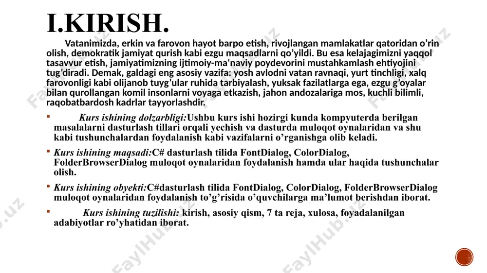 y yo’l bilanki , c++ tilining kuchi va konstruksiyalari saqlanib qolsin buu tilning eng katta yangiligi uning obyektga murojaati bo’lib , komponentlar yangi loyihalar yaratishdagi tuzilmalarni tuzishdagi barcha muammolarni hal etadi.komponentlar tuzilishi faqatgina dasturlash tiliga bog’liq bo’lib qolmasdan , balki , uning qanday platformaga ega ekanligiga ham bog’liq. 4. fontdialog shift tugmachasini va uning parametrlarini tanlash uchun fontdialog ishlatiladi. undan foydalanish uchun komponentani asboblar panelidan shaklga o'tkazamiz. va shaklda 1 tugmachasi bo'lsin. keyin biz shakl kodiga quyidagilarni yozamiz: public partial class form1 : form { public form1() { initializecomponentt(); button1.click += button1_click; // shrift rangini tanlash qobiliyatini qo'shing fontdialog1.showcolor = true;} void button1_click(object sender, eventargs e) {if (fontdialog1.showdialog() == dialogresult.cancel) return; // shriftni o'rnating button1.font = fontdialog1.font; // shrift rangini o'rnating button1.forecolor = fontdialog1.color;}} fontdialog bir qator xususiyatlarga ega, ular orasida quyidagilar e'tiborga loyiq: showcolor: agar rost bo'lsa, shrift rangini tanlashga imkon beradi shrift: dialog oynasida tanlangan shrift rang: dialog …