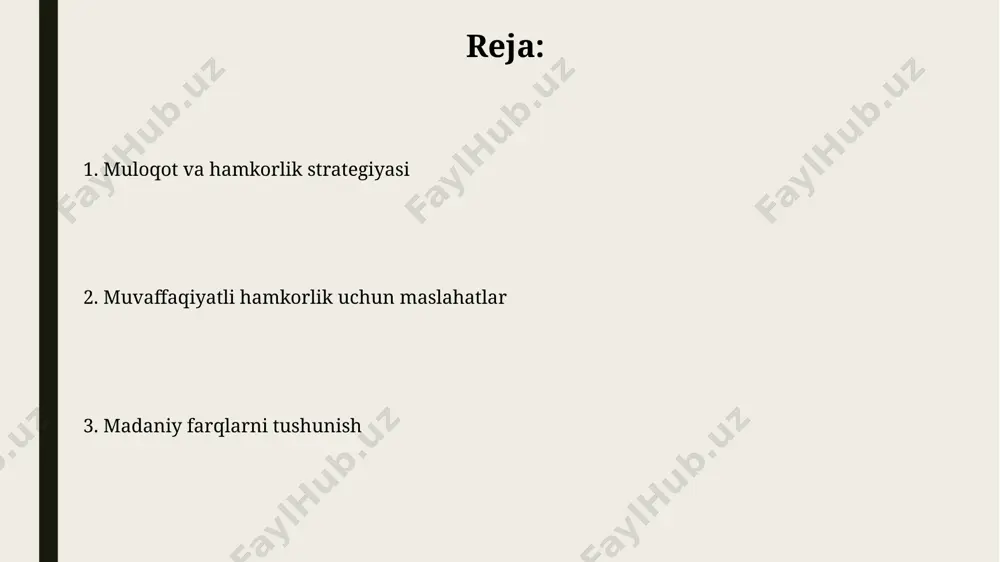 ichiga oladi, bu esa samarali hamkorlik uchun juda muhimdir. madaniy bilim va sezgirlik, xalqaro biznesda kamida 20% muvaffaqiyatsizliklarni kamaytirishga yordam beradigan muhim raqobat ustunligidir. konfliktlarni boshqarish madaniy farqlar tufayli kelib chiqadigan mojarolarni 80% hollarda samarali muloqot va o'zaro tushunish orqali hal qilish mumkin, qolgan 20% esa professional vositachilikni talab qiladi. kompromissga erishish uchun muloqotning 3 asosiy usuli mavjud: to'g'ridan-to'g'ri, bilvosita va vositachilik orqali, ularning har biri turli madaniy kontekstlarda turlicha samarali bo'ladi. muloqot uslublari muloqot uslublarining 30% dan ortig'i noverbal aloqa vositalari orqali, masalan, mimika va imo-ishoralar orqali amalga oshiriladi, shuning uchun madaniy farqlarni hisobga olish juda muhim. yuqori kontekstli (masalan, yaponiya) va past kontekstli (masalan, germaniya) madaniyatlar o'rtasidagi muloqotda kamida 2 ta asosiy farq mavjud bo'lib, ular tushunmovchiliklarga olib kelishi mumkin. moslashuvchanlik va moslashish moslashuvchanlik, muvaffaqiyatli jamoa ishi uchun muhim omil hisoblanadi va 3 dan ortiq madaniyat vakillarini birlashtirgan loyihalarda 70% ga yaqin muvaffaqiyatni ta'minlaydi. moslashish jarayoni, o'rtacha 6-8 …
