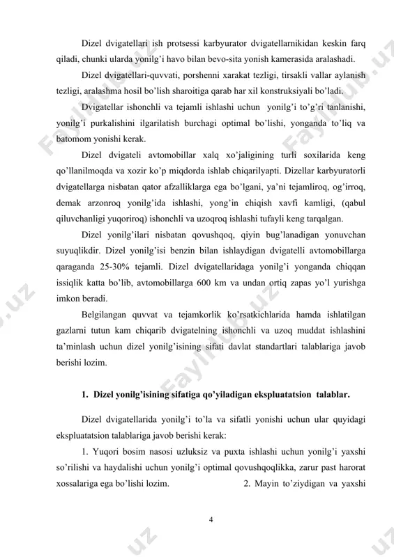 tuvchi va benzinlardagi kabi yonilg’i hajmi bilan yonilg’i temperatura orasidagi bog’liqlikni belgilab beradi. dizel yonilg’ilari uchun haydashning boshlanishi 170-200 0c bo’lib unig 50% qishqi dizel yonilg’isida 2500cda, yozgi dizel yonilg’isida esa 2800cda bug’lanishi lozim, haydashning oxirida yonilg’ini 96% 330-3600c haroratda qaynab, bo’g’ga aylanishi lozim. bu haroratlar yonilg’ining yurgizib yuborish xususiyatlariga ta’sir ko’rsatadi. dizel yonilg’isining ancha yuqori haroratda haydalishi yonilg’ida og’ir fraksiyalar borligidan darak beradi. bu og’ir fraksiyalar yonilg’i aralashma hosil bo’lishi protsessini yomonlashtiradi, yonilg’i ko’p sarf bo’ladi, ishlatilgan gaz tutab chiqadi va qurum ko’p xosil bo’ladi. dizellarda yonilg’ining to’zitilish sifati, chiqayotgan gazning tutashi, qurum hosil bo’lish tezligi ham yonilg’ining fraksion tarkibiga bog’liq. agar dizel yonilg’isida yengil uglevodorodlar ko’p bo’lsa dizel qattiqroq taqillab ishlaydi. qaynash harorati yuqori bo’lgan og’ir yonilg’i yirik tomchilar tarzida to’zitiladi, bunda yonuvchi aralashma sifati yomonlashadi va yonilg’i sarfi ortadi. ish bajargan gazlar qorayib chiqadi, silindr-porshen guruhi zonasida qurum miqdori ortadi, forsunkalar to’zitgichi kokslanib qoladi. zamonaviy kuchli dizellar …