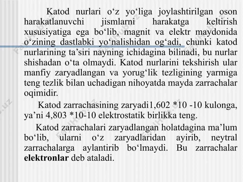 ega bo’lgan orbita bo’ylab harakatlanadi. 2. elektronlar bir orbitadan boshqa orbitaga o’tganda o’zidan energiya chiqarishi yoki yutishi mumkin. e = h x ν bu yerda: e – energiya h – plank doimiysi ν - chastota kvant sonlar atomda yadro atrofidagi elektronlarning qanday holatda joylashishini ya’ni xarakatlanishini kvant mexanikasi bo’limi o’rganadi. atomdagi energetik qobiqlarda, qobiqchalar va yacheykalardagi elektronlar harakati yoki holati 4 ta kvant son bilan ifodalanadi. bosh kvant son (n) – yadro atrofida xarakatlanadigan elektronlarni yadrodan qanday masofada joylashganini va har bir qavatda joylashgan elektronlarning energiyasini ifodalaydi. n = 1, 2, 3, 4, 5, 6, 7...... (butun va musbat rasional sonlar) bilan ifodalanadi. orbital kvant son ( l ) – orbital kvant son elektronlarning yadro atrofida qanday ko’rinishda harakatlanishini aniqlab berish uchun qabul qilingan u l - (el) –harfi bilan belgilanadi. orbital deb − elektronlarning yadro atrofida bo’lish ehtimoli eng ko’p bo’lgan faziga aytiladi. orbitalda jami elektronlarning 90% to’plangan bo’ladi. …