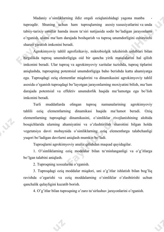 atta ilmiy ahamiyatga ega. chunki u tuproqlarning azot rejimini chuqurroq o’rganish imkonini beradi. f.k vorobev tuproqdagi azot shakllarini 4 guruhga bo’ladi. a) azotning mineral shakli - o’simliklar oziqlanishining asosiy manbai. b) azotning ammiakgacha oson gidrolizlanuvchi organik shakli -o’simliklar oziqlanish manbaining rezervi. v) azotning qiyin gidrolizlanuvchi shakli - tuproqdagi azotning potentsial zaxirasi. g) azotning gidrolizlanmaydigan organik shakli. tuproqdagi azot shakllariniig mikdorini aniqlash uchun f.k vorobev tomonidan turli kontsentratsvyadagv sulfat kvslota ervtmalarv bilan azot birikmalarini fraktsiyalarga ajratish usuli tavsvya kilingan. 1. azotning tuprokdagi mineral shakllari n-n03, n-n02 va n-nн4 ko’rinishda bo’lib, ular suvli va tuzli (1n ks1) eritmalar yordamida ajratib olinadi va kalorimetrvk usul bo’yicha aniqlanadi. analiz tuprok iamunalari olingan kunda bajariladi. 2. azotiing oson gvdrolizlavuvchv va ammvak shakllarv tuproqdan 0,5 н н2 s04 eritmasi yordamida ajratib olinadi va haydash usuli bo’yicha aniqlanadi. tuprokni 0,5 н н2 sо4 eritmasi bilan gidrolizlab, keyinchalik haydash usuli bo’yicha oson va qiyin gidrolizlanuvchi azot shakllarining mikdori …