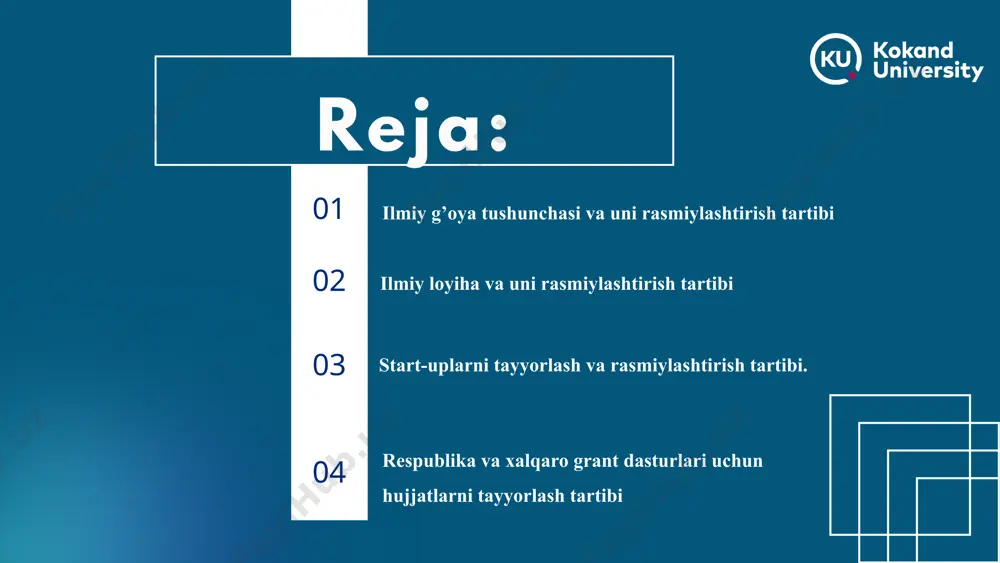 in emas. tajriba-konstruktorlik loyihalari moliyalashtirish shakli va usuliga ko‘ra loyihalar quyidagi turlarga bo‘linadi: tematik ilmiy-tadqiqot loyihalari ilmiy faoliyatning ilg‘or yo‘nalishlari, shuningdek, iqtisodiyot tarmoqlari va ijtimoiy sohaning ehtiyojlari va muammolaridan kelib chiqqan holda davlat boshqaruvi organlari va xo‘jalik birlashmalari, mahalliy davlat hokimiyati organlarining ehtiyojlari asosida ishlab chiqiladigan, moliyaviy hajmi ko‘rsatilgan, mavzu doirasida olinadigan yakuniy mahsuloti aniq aks ettirilgan muntazam ravishda eʼlon qilinadigan, tanlov asosida moliyalashtiriladigan ilmiy-tadqiqot loyihalaridir. maqsadli loyihalar o‘zbekiston respublikasi prezidenti, o‘zbekiston respublikasi oliy majlisi va vazirlar mahkamasining hujjatlarida belgilangan vazifalar ijrosini taʼminlash, davlat boshqaruvi va mahalliy davlat hokimiyati organlari oldida turgan muammolarni hal etish maqsadida ishlab chiqiladi va amalga oshiriladi. maqsadli loyihalar ilmiy-texnik kengashlar tavsiyasiga ko‘ra tanlovsiz moliyalashtiriladi. tashabbuskor loyihalar tanlovlari uchun mavzular shakllantirilmaydi. oliy ta`lim, fan va innovatsiyalar vazirligi tomonidan eʼlon qilinadigan ushbu turdagi tanlovga istalgan mavzudagi dolzarb muammolarning ilmiy yechimiga hamda aniq natijaga qaratilgan loyihalarni taqdim etish mumkin. tashabbuskor loyihalar tanlovida bir mavzu doirasida muqobil (alternativ) loyihaning …