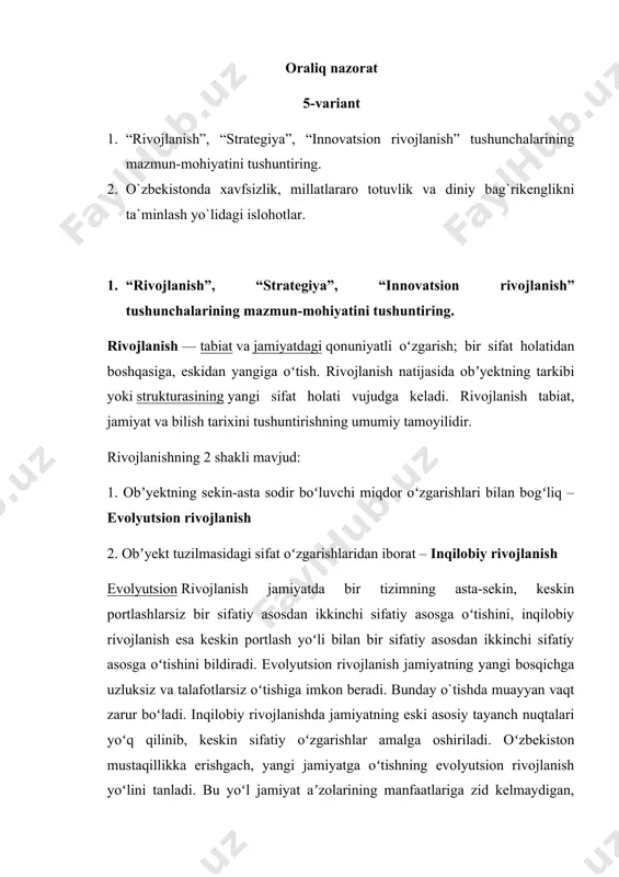 , u izchillik bilan va toʻliq amalga oshirilganda uzoq muddatli muvaffaqiyatni taʼminlaydi. xxi asrga kelib strategiya tushunchasi ancha kengaydi. strategiya deb, dunyo miqyosida va davlat ichki hayotidagi iqtisodiy, ijtimoiy-siyosiy hamda boshqa sohalarda vujudga kelgan inqiroziy vaziyatlarni prognozlashtirish va bartaraf etishga qaratilgan boshqaruvni tashkil etish masalalariga doir tushunchalarni qamrab oladi. shundan kelib chiqib, davlat strategiyasi bir biri bilan oʻzaro bogʻliq, lekin alohida xususiyat kasb etuvchi koʻplab tushunchalarda ifodalanadi. strategiyaning mohiyati taktik vazifalarni belgilashdan iborat. siyosat, strategiya va taktika — strategik rahbarlik va boshqaruv jihatlari bilan bogʻliq uchta mustaqil kategoriyadir. ularning farqi shundan iboratki, strategiya tasdiqlangan va amalga oshirish uchun qabul qilingan boʻlsa, uning joriy qilinishi strategiyalashtirilayotgan obyektning mayogʻiga aylanadi. taktika esa strategik vazifalarni amalga oshirish boʻyicha kundalik, oylik va yillik (joriy) rejalarni va ularning yechimi boʻyicha tadbirlarni taqozo etadi. siyosat — bu strategiya va taktikani yagona samarali amal qiluvchi tizimga agregatsiya va integratsiya qilinishidir. “innovatsiya” tushunchasi (ingl. innovation – kiritilingan yangilik, …