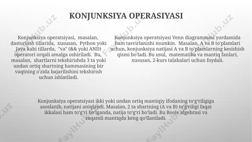 yilda o'zbekistonning 12 ta viloyatida o'tkazilgan tadqiqot shuni ko'rsatdiki, disjunksiya va konjunksiya matematik mantiqning muhim elementlari bo'lib, ularning o'zaro bog'liqligi 2 dan ortiq shartlarni baholashda aniqlanadi. gipotezalar va konjunksiya gipoteza tekshirishda, masalan, toshkentdagi 500 ta oiladan olingan ma'lumotlarga asoslanib, 30%i qishda grippga chalinishini taxmin qilish mumkin. bu statistik konjunksiyaga misol bo'la oladi. konjunksiya mantiqiy amal sifatida ikkita sodda gipotezaning birgalikdagi rostligini ifodalaydi. masalan, agar a gipotezasi "samarqandda quyoshli", b gipotezasi "havo iliq" bo'lsa, a va b ning konjunksiyasi ikkalasining ham rostligini anglatadi. gipotezalarni qabul qilish yoki rad etishda, 1-tip va 2-tip xatolar ehtimoli hisobga olinishi kerak. bu esa, xususan, andijon viloyatidagi tadqiqotlarda 0.05 darajadagi ahamiyatlilik chegarasini qo'llash orqali amalga oshiriladi. e'tiboringiz uchun rahmat @taqdimot_robot image1.png image2.png image3.png