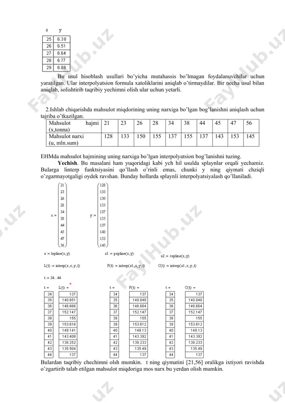 001 bo`lgan xoldagi qiymatini toping. 3-jadval x y δy δ2y δ3y 1000 3,0000000 43214 - 426 8 1010 3,0043214 42788 - 418 9 1020 3,0086002 42370 - 409 8 1030 3,0128372 41961 - 401 1040 3,0170333 41560 1050 3,0211893 echish. chekli aiirmalar jadvalini to`zamiz. 3- jadvaldan ko`rinib turibdiki, 3-tartibli chekli ayirma o`zgarmas, shu sababli ( 9) formula uchun n=3 olish etarli: x=1001 uchun q = 0,1 (h=10). shuning uchun 2-misol. u=lgx funktsiyaning 4-jadvalda bermlgan qiymatlaridan foydalanib, uning x=1044 dagi qiymatini hisoblang (h=10). 4- jadval x y 1000 3,0000000 1010 3,0043214 1020 3,0086002 1030 3,0128372 1040 3,0170333 1050 3,0211893 echish. chekli ayirmalar jadvalini to`zamiz: -jadval x u u 2u 3u 1000 3,0000000 73214 - 426 8 1010 3,0043214 42788 - 418 9 1020 3,0086002 42370 - 409 8 1030 3,0128372 41961 - 401 1040 3,0170333 41560 1050 3,0211893 xn =1050 bo`lsin, u xolda 5- jadvaldagi tagiga chizilgan ayirmalardan foydalangan xolda ( …