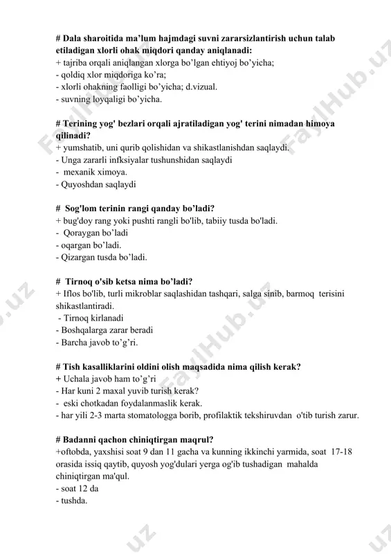 ishlarni oldini olish uchun keltirilgan tadbirlarning qaysi biri eng muhim? + ishchilarning nafas olish organlarini maxsus himoya vositalari bilan himoyalash; - bemorlarni o’z vaqtida davolash; - texnologik jarayonlarni germetik berkitish.xonalarni shamollatish; -maxsus kiyimlardan foydalanish. # quyida keltirilgan omillardan qaysi biri silikoz kasalligini kelib chiqishida sababchi omil hisoblanadi? + kremniy tutuvchi chang; -qizdiruvchi mikroklimat; -sovutuvchi mikroklimat; -shovqin va vibratsiya. # tirishish kasalligi ishlab chiqarish muxitidagi qaysi omilga bog’liq? + shovqin - qizdiruvchi mikroiqlim; - gavdaning majburiy xolati; - tebranish ta’siri. # ayrim ishlab chiqarish omillarining ta`sirida o`sma kasalliklarini rivojlanish samarasi nima deyiladi? + onkologik - kanserogen, blastomogen; - teratogen; - mutagen. # shovqining darajasi qaysi birlikda o‘lchanadi + detsibelda - lyukda - mg,m 3 da - kjoulda - g/ kg da # ma’lum bir ish joyini sharoitini baholash uchun nimani bilish kerak + ishlab chiqarish omillarining amaldagi darajsini va gigienik me’erlarni - salbiy omillar tasiriga duch keladigan ishchilar sonini - shu …