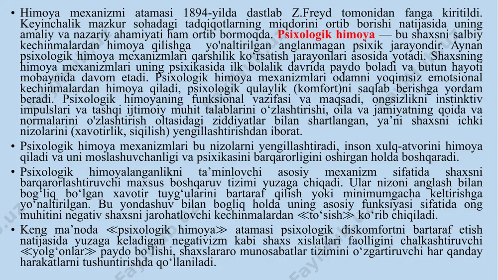 tsiyalarini ushlab turish uchun rivojlanadi. ularning paydo bolishi o‘zini ijobiy idrok qilish uchun noma’qul shuningdek, agressorga bogliq bolib qoladi. qo’rquv real stimulni unutish oqibatida qolquvni keltirib chiqaruvchi, shuningdek, u bilan bogliq bolgan assotsiativ obyektlar, faktlar vaziyatlarning barchasi yiglladi. regressiya. muammoli vaziyatda avvalgi yoki bolalikdagi istak va harakatlarni qoniqish shakliga qaytishdir. regressiya qisman toliq yoki simvolik bolishi mumkin. muammoni yordam sorash oqibatida hal qilish ≪regressiya≫ sinfiga shuningdek, ≪harakat faolligi≫ mexanizmiga kiradi. shuningdek, xavotirlanishni kamayishini talab qilish mumkin bolmagan istak orqali kelib chiqqan. regressiv xulq-atvor ko‘p hollarda kattalar tomonidan taqdirlanadi hamda simbiotik emotsional munosabatlarni talab qiladi. proyeksiya — bu individ o‘zining ongli darajasida rad qiluvchi fikr, tuyg‘u, motiv va istaklarni boshqa shaxs yoki obyektga otkazish mexanizmi. mexanizm o‘zini va atrofdagilarni ular tomonidan emotsional rad etilishi sifatida qabul qilmaslik tuyg‘usini ushlab turish uchun rivojlanadi. proyeksiya o‘zini qabul qilmaslik qolquvi bilan kurashishni uddalay olish uchun boshqalarning rad etuvchi harakatiga nisbatan chaqirilgan. proyeksiya atrofdagilarga ularni …