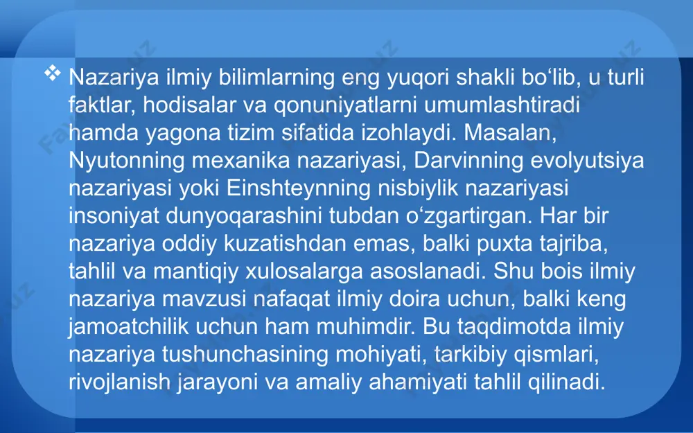 faqat ilm-fan rivojiga, balki amaliy hayotga ham chuqur ta’sir ko‘rsatadi. ularning amaliy ahamiyati shundaki, ular asosida yangi texnologiyalar, ishlab chiqarish usullari va ijtimoiy taraqqiyot yo‘nalishlari shakllanadi. xulosa ilmiy nazariya insoniyat tafakkurining eng yuqori yutug‘i sifatida alohida o‘rin tutadi. u nafaqat mavjud hodisalarni izohlaydi, balki kelajakdagi jarayonlarni ham oldindan ko‘rish imkonini beradi. har qanday nazariya chuqur tahlil, kuzatish va tajribaga asoslanadi. shu sababli u oddiy taxmin yoki fikrdan tubdan farq qiladi. nazariyaning asosiy qismlari — tushunchalar, qonunlar, prinsiplar va gipotezalar bo‘lib, ular birgalikda hodisalar mohiyatini ochib beradi. ilmiy nazariyalar doimo rivojlanib, yangilanib boradi va bu jarayon insoniyatni yangi yutuqlarga yetaklaydi. ularning amaliy ahamiyati esa texnologiyalar, ishlab chiqarish, tibbiyot va ijtimoiy hayotda o‘z ifodasini topadi. shunday qilib, ilmiy nazariya faqat ilmiy doira uchun emas, balki jamiyatning har bir a’zosi uchun muhim bilim manbai va yo‘l-yo‘riqdir. image2.jpeg image3.jpeg image4.png /docprops/thumbnail.jpeg
